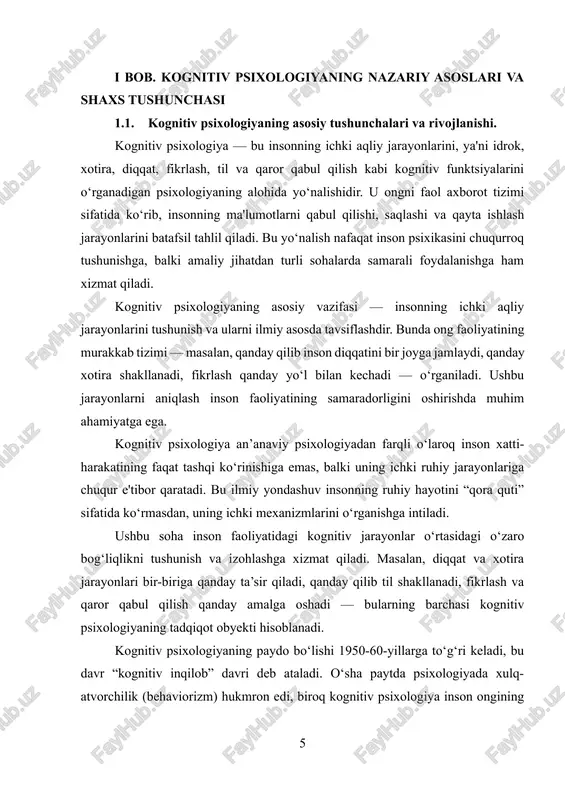 iriga aylantirdi. bu jarayonlarni o‘rganish inson va mashina o‘rtasidagi samarali muloqot uchun ham muhimdir. kognitiv psixologiya inson faoliyatida yuzaga keladigan psixologik muammolar — diqqat buzilishi, xotira kamayishi, stress va charchoqning kognitiv jarayonlarga ta’siri —ni ham o‘rganadi. bu esa amaliy tibbiyot va psixoterapiya sohalarida yangi yondashuvlarni yaratishga yordam beradi. kognitiv psixologiyada shaxsning individual xususiyatlari, uning kognitiv uslublari va qobiliyatlari ham tadqiq etiladi. bu shaxsga moslashtirilgan ta’lim va treninglar yaratishda muhim rol o‘ynaydi. zamonaviy texnologiyalar, ayniqsa sun’iy intellekt va neyron tarmoqlar, kognitiv psixologiyaning rivojlanishini yangi bosqichga olib chiqmoqda. bu texnologiyalar insonning kognitiv jarayonlarini modellashtirish va takomillashtirish imkonini beradi. kognitiv psixologiyaning rivojlanishi bilan bog‘liq yana bir muhim jihat — inson ongining murakkabligini, uning ko‘p qatlamlilik va dinamik xususiyatlarini chuqurroq tushunishdir. bu esa psixologiyaning boshqa sohalari bilan integratsiyani kuchaytiradi. kognitiv psixologiya inson va jamiyat o‘rtasidagi o‘zaro ta’sirni yanada samarali qilish uchun ong faoliyatini tahlil qiluvchi ilmiy poydevor yaratmoqda. bu jamiyatdagi o‘rganish, ishlash va muloqot …