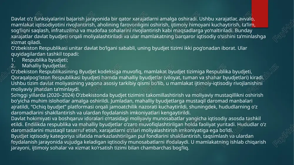 hon banki, osiyo taraqqiyot banki, islom taraqqiyot banki va boshqalar) olingan imtiyozli kreditlar tashkil etadi. ular, asosan, energetika, transport, suv xo‘jaligi, ta’lim va sog‘liqni saqlash sohalaridagi yirik investitsiya loyihalarini moliyalashtirishga yo‘naltirilgan. shu bilan birga, o‘zbekiston hukumati tomonidan davlat qarzini boshqarish strategiyasi ishlab chiqilgan bo‘lib, u quyidagi maqsadlarni o‘z ichiga oladi: qarz yuki darajasini barqaror saqlash; imtiyozli moliyalashtirish manbalaridan foydalanishni kengaytirish; qarz mablag‘larini investitsion loyihalarga yo‘naltirish; davlat qarzining shaffofligini ta’minlash. so‘nggi yillarda o‘zbekistonning kredit reytingi barqaror baholanmoqda. “fitch ratings” va “moody’s” xalqaro agentliklari 2024-yilda o‘zbekistonning reytingini “barqaror (stable)” darajasida saqlab qoldi. bu mamlakatning moliyaviy ishonchliligini va byudjet siyosatining barqarorligini tasdiqlaydi. 2.1 o’zbekistonda soliq –byudjet siyosati va soliq tizimining xususiyatlari o‘zbekiston respublikasida soliq–byudjet siyosati mamlakat iqtisodiyotini boshqarishning eng muhim moliyaviy vositasi hisoblanadi. u iqtisodiy o‘sishni rag‘batlantirish, investitsion muhitni yaxshilash, ijtimoiy sohalarni moliyalashtirish va davlatning fiskal barqarorligini ta’minlashga qaratilgan. mustaqillik yillarida o‘zbekiston moliyaviy tizimi chuqur islohotlarni boshdan kechirdi. soliq siyosati soddalashtirildi, soliqqa tortish …