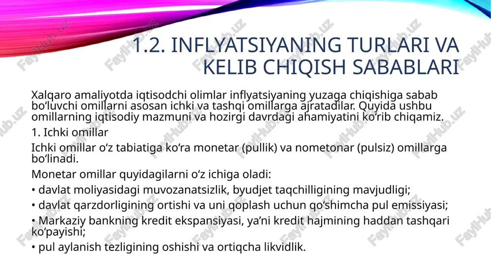 esa 0,7 % va 0,8 % ni tashkil etgan. markaziy bank hisob-kitoblariga ko‘ra, inflyatsiyaning eng yuqori darajasi 2022-yilning ikkinchi choragida kuzatilgan bo‘lib, bu davrda global oziq-ovqat inqirozi va tashqi logistika zanjirlaridagi uzilishlar sababli narxlar keskin oshgan. 2023–2024-yillarda esa ushbu bosimlar pasaya boshladi, shuningdek, energiya tariflarini bosqichma-bosqich liberallashtirish siyosati inflyatsiyani maqsadli diapazon (5–8 %) atrofida ushlab turishga yordam berdi. so‘nggi yillarda o‘tkazilgan tahlillar shuni ko‘rsatadiki, davlat tomonidan tartibga solinadigan tovarlar va xizmatlar narxining bosqichma-bosqich oshirilishi inflyatsiyaning asosiy manbalaridan biri bo‘lib qolmoqda. biroq bu jarayonni kechiktirish kelajakda yanada yuqori narx bosimlariga olib keladi. shu boisdan 2022-yildan boshlab hukumat bozor mexanizmlariga asoslangan tarif siyosatini bosqichma-bosqich joriy etmoqda. narxlarning erkinlashtirilishi dastlab qisqa muddatli inflyatsion ta’sirni kuchaytirgan bo‘lsa-da, 2024–2025-yillarda bu choralar ishlab chiqarish jarayonlarining modernizatsiyasi, energiya tejamkor texnologiyalar joriy etilishi va tovarlar taklifining kengayishi hisobiga barqaror iqtisodiy o‘sishga xizmat qilmoqda. 2025-yil boshlariga kelib, o‘zbekiston markaziy banki prognozlariga ko‘ra, yillik inflyatsiya darajasi 8,0–8,5 % oralig‘ida bo‘lishi …
