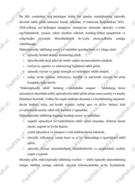 mahsulot (yaim), ishsizlik darajasi, inflyatsiya, savdo balansi va davlat qarzi kabi ko‘rsatkichlardir. ushbu ko‘rsatkichlar iqtisodiy o‘sishni baholash, davlat siyosatini shakllantirish va iqtisodiy barqarorlikni ta’minlashda muhim ahamiyat kasb etadi. mazkur bo‘limda ushbu ko‘rsatkichlarning mohiyati, ularning iqtisodiy rivojlanishdagi roli hamda o‘zbekiston misolida ularning amaliy ahamiyati tahlil qilinadi. yalpi ichki mahsulot (yaim) iqtisodiy faoliyatning asosiy o‘lchovidir. u ma’lum vaqt davomida mamlakatda ishlab chiqarilgan barcha tovar va xizmatlarning umumiy qiymatini ifodalaydi. nominal yaim joriy narxlarda, real yaim esa inflyatsiya ta’sirini hisobga olgan holda hisoblanadi. yaimning o‘sishi iqtisodiyotning rivojlanayotganligini, pasayishi esa iqtisodiy tanazzulni bildiradi. 2020–2024-yillarda o‘zbekiston iqtisodiyoti o‘rtacha 5,6–6,0% atrofida o‘sdi. bu ko‘rsatkich iqtisodiy islohotlar, infratuzilma loyihalari va xususiy sektor faolligining oshishi bilan bog‘liq. ishsizlik darajasi mehnat bozoridagi holatni ko‘rsatadi. u mehnatga qobiliyatli aholining ish topa olmagan qismini foizlarda ifodalaydi. ishsizlik tabiiy, friksion va tsiklik turlarga bo‘linadi. tabiiy ishsizlik iqtisodiy tsiklga bog‘liq emas, tsiklik ishsizlik iqtisodiy pasayish davrida ortadi, friksion ishsizlik esa ish o‘zgartirish jarayonida …