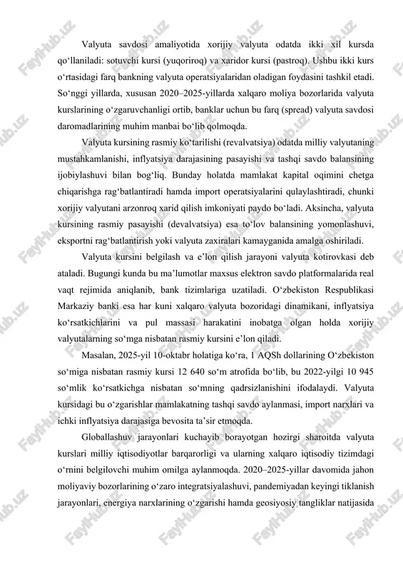 ro savdo, investitsiyalar va moliyaviy munosabatlarni tartibga solishda asosiy vosita sifatida xizmat qiladi. valyuta kursi nafaqat iqtisodiyotning xalqaro integratsiyasini ta’minlaydi, balki mamlakatning ichki iqtisodiy barqarorligini saqlashda ham muhim o‘rin tutadi. shu sababli 2020-yildan boshlab ko‘plab mamlakatlar, jumladan o‘zbekiston ham, valyuta kursini erkinlashtirish va bozor mexanizmlarini kuchaytirish siyosatini amalga oshirib kelmoqda. valyuta kursi nazariyalari xalqaro iqtisodiyotning rivojlanishi bilan birga shakllangan bo‘lib, ular milliy valyutalarning o‘zaro nisbati qanday omillar ta’sirida o‘zgarishini tushuntirib beradi. bu nazariyalar orqali inflyatsiya, foiz stavkalari, xalqaro savdo balansi va talab-taklif mexanizmi kabi omillarning valyuta kurslariga ta’siri tahlil qilinadi. masalan, xarid quvvati pariteti (ppp) nazariyasi uzoq muddatda valyutalar qiymatining mamlakatlardagi narxlar darajasi bilan bog‘liqligini asoslab bersa, foiz stavkalari pariteti (irp) esa kapital oqimlari va foiz stavkalaridagi farqlar valyuta kurslariga qanday ta’sir ko‘rsatishini ifodalaydi. tarixiy jihatdan valyuta kurslari nazariyalari turli iqtisodiy davrlar va sharoitlarga moslashib, takomillashib kelgan. merkantilizm davrida davlatlar valyuta kurslarini eksportni rag‘batlantirish va oltin zaxiralarini oshirish maqsadida qat’iy …