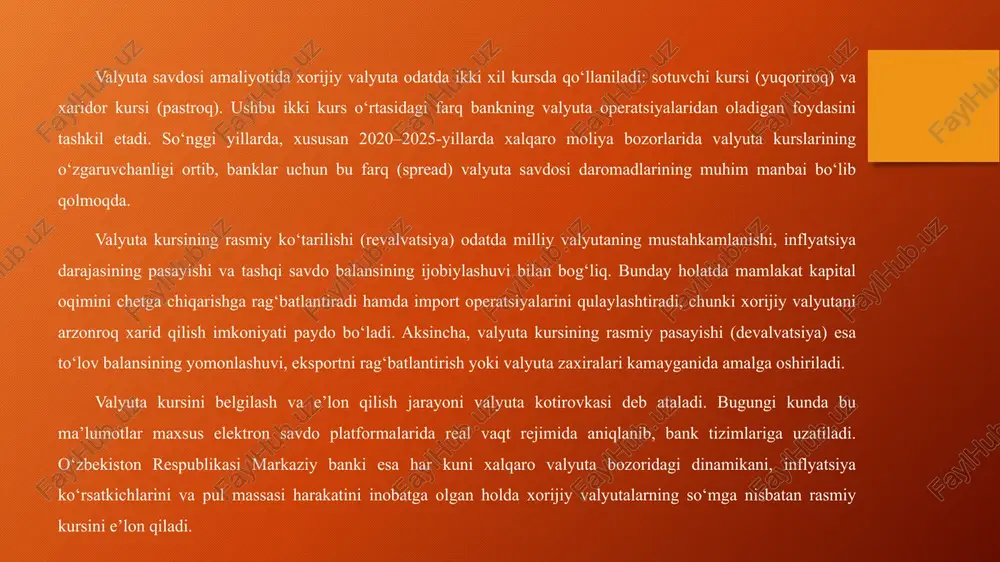 q sssr davlat bankining o‘zbekiston hududidagi bo‘limi negizida o‘zbekiston respublikasi markaziy banki tashkil etildi va u mamlakatning mustaqil pul-kredit siyosatini yuritish uchun huquqiy asos yaratdi. o‘zbekiston respublikasi iqtisodiy islohotlarining dastlabki bosqichida markaziy bank davlat byudjeti hisobvarag‘iga xizmat ko‘rsatish, tijorat banklari faoliyatini nazorat qilish, milliy to‘lov tizimini tashkil etish va boshqarish kabi asosiy vazifalarni bajargan. shu davrda markaziy bank emissiya funksiyasini bajarmagan, chunki hali milliy valyuta — so‘m muomalaga kiritilmagan edi. bugungi kunda esa o‘zbekiston respublikasi markaziy banki mamlakatning makroiqtisodiy barqarorligini ta’minlash, inflyatsiyani nazorat qilish, valyuta kursini tartibga solish, shuningdek, bank tizimining likvidligini ta’minlash bo‘yicha kompleks choralarni amalga oshirib kelmoqda. 2023-yilda markaziy bank “pul-kredit siyosatining 2024–2026-yillarga mo‘ljallangan strategiyasi”ni qabul qildi, bunda asosiy e’tibor inflyatsion targetlash rejimini takomillashtirish, raqamli valyutalar (cbdc) bo‘yicha tajriba loyihalarini joriy etish hamda moliyaviy barqarorlikni mustahkamlashga qaratilgan. 2.2 o‘zbekistonda milliy valyutani mustahkamlash siyosatining amalga oshirilishi o‘zbekistonda milliy valyutani mustahkamlash siyosatini amalga oshirish hukumat tomonidan iqtisodiy barqarorlikni ta’minlash va …