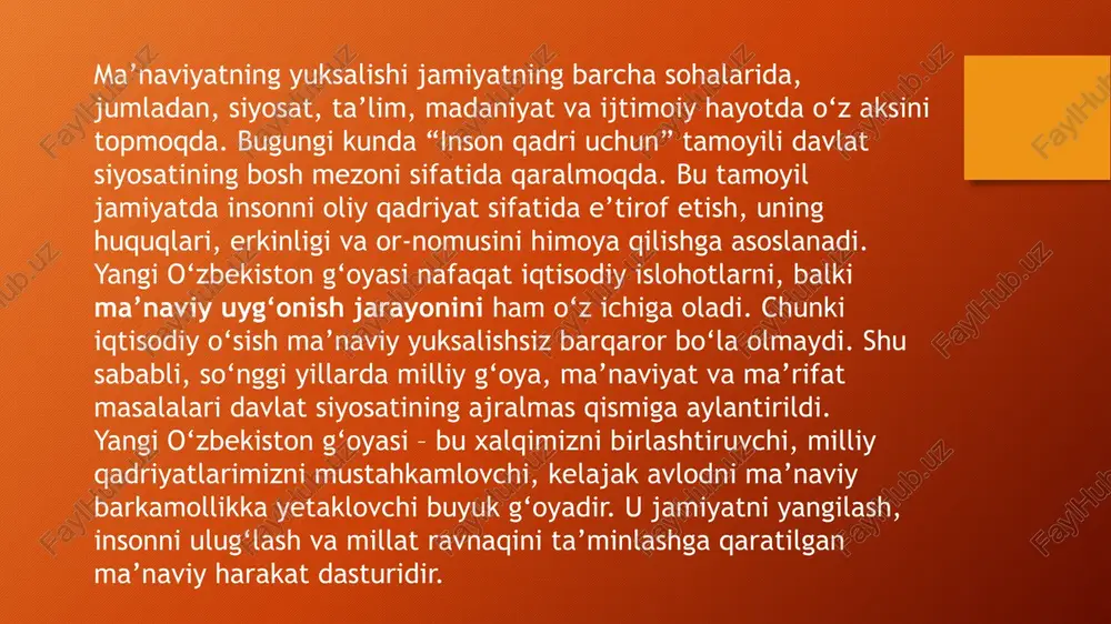 bekiston – yangi ta’lim” shiori ostida ta’lim-tarbiya tizimida tub o‘zgarishlar amalga oshirilmoqda. bu jarayonning bosh maqsadi — fikrlaydigan, o‘z yurtiga fidoyi, ma’naviy yetuk va bunyodkor fuqaroni tarbiyalashdir. ta’lim va tarbiya orqali shakllanayotgan yangi avlod – bu kelajakda yangi o‘zbekistonni yanada rivojlantiruvchi kuchdir. chunki ma’naviy jihatdan barkamol, intellektual salohiyatli insonlar jamiyati hech qachon tanazzulga uchramaydi. e'tiboringiz uchun rahmat! image2.png image3.png image4.jpeg image5.jpeg image6.jpeg image7.png image1.png /docprops/thumbnail.jpeg