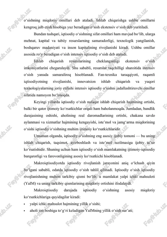 moniy jihatdan (real o‘sish) — inflyatsiya ta’sirini hisobga olmagan holda ishlab chiqarilgan tovar va xizmatlar hajmi asosida. 2. qiymat jihatdan (nominal o‘sish) — ishlab chiqarilgan tovar va xizmatlarning puldagi (bozor) qiymati asosida. birinchi usul aniqroq natija beradi, chunki u narxlar o‘zgarishidan tozalanadi. biroq turli mahsulot turlarini yagona o‘lchovga keltirish qiyinligi tufayli bu usul har doim ham universal bo‘la olmaydi. qiymat bo‘yicha o‘lchash esa amaliyotda keng qo‘llaniladi, ammo inflyatsiya ta’sirini to‘liq bartaraf etish har doim ham mumkin emas. tarixan, sssr davrida iqtisodiy o‘sish ishlab chiqarish hajmi asosida baholangan, 1987-yildan boshlab esa yalpi ichki mahsulot (yaim) ko‘rsatkichi joriy etilgan. 1990-yillardan e’tiboran rossiyada yaim milliy iqtisodiyot dinamikasining asosiy ko‘rsatkichiga aylandi. biroq uzoq vaqt davomida iqtisodiy o‘sish to‘g‘risidagi ma’lumotlar iqtisodiyotning haqiqiy holatini to‘liq aks ettirmagan. chunki mahsulot sifatining oshishi, narxlar darajasining o‘zgarishi va ayrim tarmoqlardagi (xususan, qurilish, transport va qishloq xo‘jaligida) ishlab chiqarish samaradorligi hisobga olinmagan. shu sababli ilgari tuzilgan ko‘plab statistik hisob-kitoblar hozirda …