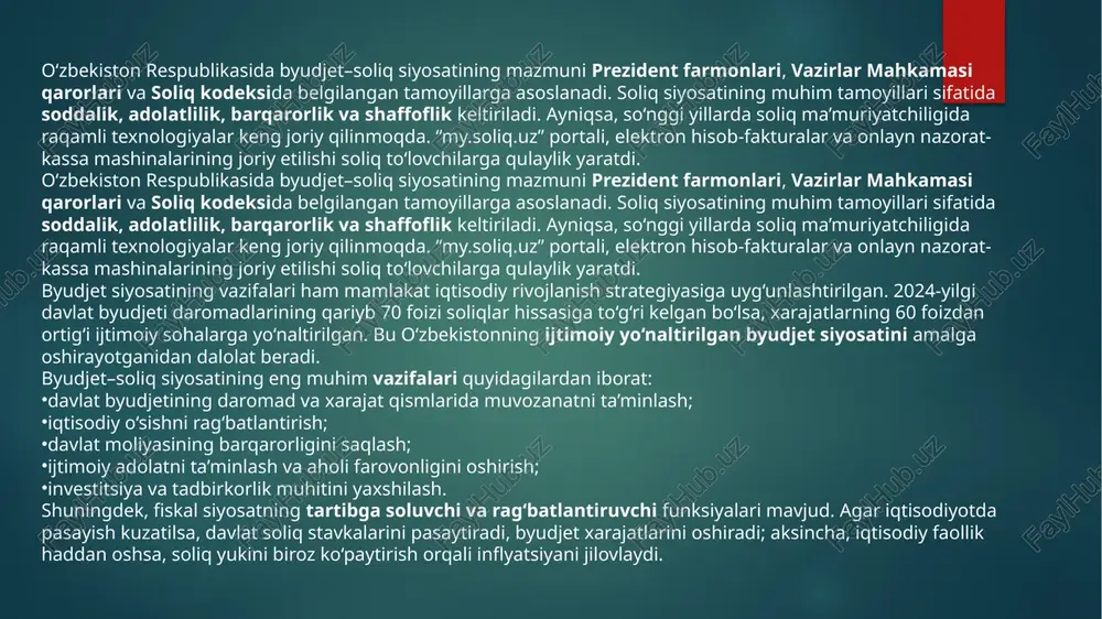: qarz yuki darajasini barqaror saqlash; imtiyozli moliyalashtirish manbalaridan foydalanishni kengaytirish; qarz mablag‘larini investitsion loyihalarga yo‘naltirish; davlat qarzining shaffofligini ta’minlash. so‘nggi yillarda o‘zbekistonning kredit reytingi barqaror baholanmoqda. “fitch ratings” va “moody’s” xalqaro agentliklari 2024-yilda o‘zbekistonning reytingini “barqaror (stable)” darajasida saqlab qoldi. bu mamlakatning moliyaviy ishonchliligini va byudjet siyosatining barqarorligini tasdiqlaydi. 2.1 o’zbekistonda soliq –byudjet siyosati va soliq tizimining xususiyatlari o‘zbekiston respublikasida soliq–byudjet siyosati mamlakat iqtisodiyotini boshqarishning eng muhim moliyaviy vositasi hisoblanadi. u iqtisodiy o‘sishni rag‘batlantirish, investitsion muhitni yaxshilash, ijtimoiy sohalarni moliyalashtirish va davlatning fiskal barqarorligini ta’minlashga qaratilgan. mustaqillik yillarida o‘zbekiston moliyaviy tizimi chuqur islohotlarni boshdan kechirdi. soliq siyosati soddalashtirildi, soliqqa tortish tizimi takomillashtirildi va byudjet daromadlari manbalari kengaytirildi. bugungi kunda mamlakatda soliqlar iqtisodiy o‘sish va ijtimoiy barqarorlikni ta’minlovchi asosiy vositaga aylangan. o‘zbekiston soliq tizimining shakllanishi va rivojlanishi soliq tizimi o‘zbekistonda mustaqillikdan so‘ng 1991–1997-yillar davomida shakllana boshladi. 1997-yilda qabul qilingan o‘zbekiston respublikasi soliq kodeksi mamlakatdagi soliqqa tortish jarayonlarini yagona huquqiy asosda …