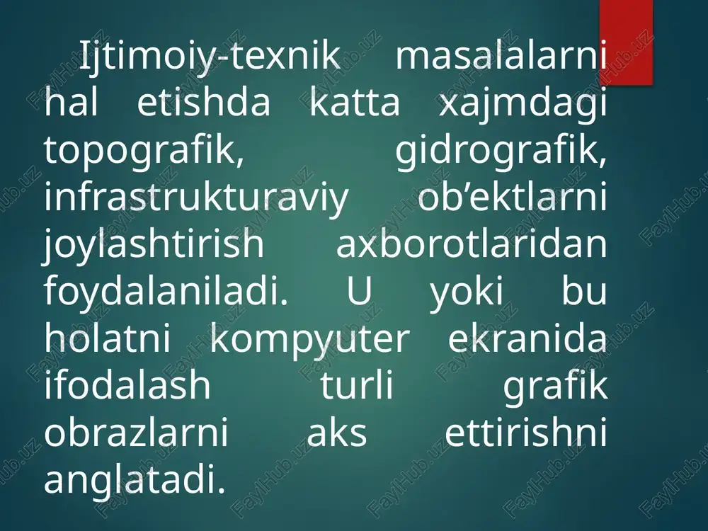 lib hisoblanadi; - masofadan turib olingan zondlash materiallari deshifrovka qilingach, gisning boshqa turdagi ma’lumotlari qatlamlari bilan osongina birlashtiriladi; - rasmlar orqali taxlil ishlarini gisning o‘ta murakkab analitik funksiyalari yordamida bajariladi. geodeziya: - erda olib borilgan plan olish natijasidan yuqori aniqlikdagi topografik karta, u asosida esa ko‘plab mavzuli kartalarni tuzish imkoni yaratiladi; - erning va boshqa planetalarning shakli va o‘lchamlari haqida sifatli ma’lumotlar olishni, er yuzasidagi tayanch nuqtalarni aniqlash metodlarini ishlab chiqishni, erlardan foydalanishda ekin turlari chegaralarini aniq belgilashni ta’minlaydi; - qishloq xo‘jalik erlarining holatini va ulardan foydalanish karta va planlarni gps va elektron taxeometrlarni qo‘llash asosida tuzish metodlari va uslublari o‘rganiladi. fotogrammetriya: - er yuzasida joylashgan obektlarning o‘rnini, o‘lchamini va shaklini aniqlash metodlarini fotografik tasvirlar orqali ishlab chiqadi, bular esa aero- va kosmik fotosuratlarni qayta ishlash texnologik jarayonining asosiy qismi bo‘lib hisoblanadi. informatika: - avtomatik loyihalashda, ma’lumotlarni kiritish, tasvirlash va uzatishda, u asosida esa uch o‘lchamli ob’ektlarni hosil qilishda alohida …