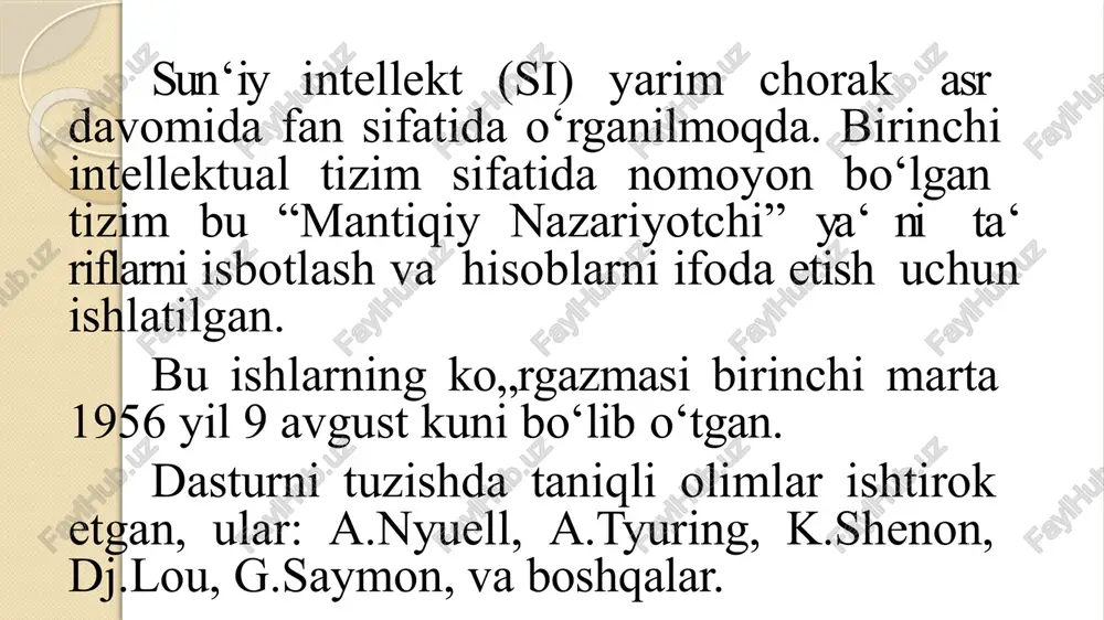 formalizmidir. unda uzoq muddatli xotiraning strukturali modeli sifatida so‘z ma‘nosini tushunish modeli ko‘rsatiladi. bu modelda uzoq muddatli xotira strukturalarini yozish uchun so‘zlar orasidagi semantik munosabatlarni ko‘rsatish uch maqsadida turli xil struktura ishlatilgan. bu model tabiiy bilim va inson tilidan foydalanishni farqlaydi. shuning uchun asosiy g‘oya obyektga tegishli bo‘lgan sinf qiymatini, uning aks etishini yozish va obyekt holatlarini ko‘rsatuvchi so‘zlar aloqasini o‘rnatishdir. namuna sifatida «choynak» konseptual namoyishi uchun oddiy semantik to‘rni ko‘rish mumkin. bu to‘rda qiymatlar yozilgan sinf, holat va misol deb ataluvchi munosabat operatorlari aniqlanadi. nazorat savollari intellektual axborot tizimlari (iat)– deganda nimani tushunasiz ? sun‘iy intellekt (si) – deganda nimani tushunasiz ? dasturlovchilar bilan sun‘iy intellekt (si) o‘rtasidagi asosiy bog‘liqliklarni sanab bering. intellektual ma‘lumotlar bazasi asosiy strukturasi qanday bo‘lishi kerak ? sun‘iy intellekt (si) – asosiy muammosi nimada ?· interfeys nima?· ekspert tizim nima?· moslashuvchanlik deganda nimani tushunasiz ? intellektual axborotlar murakkabligi nimada ? xozirgi kunda sun‘iy intellekt (si) …