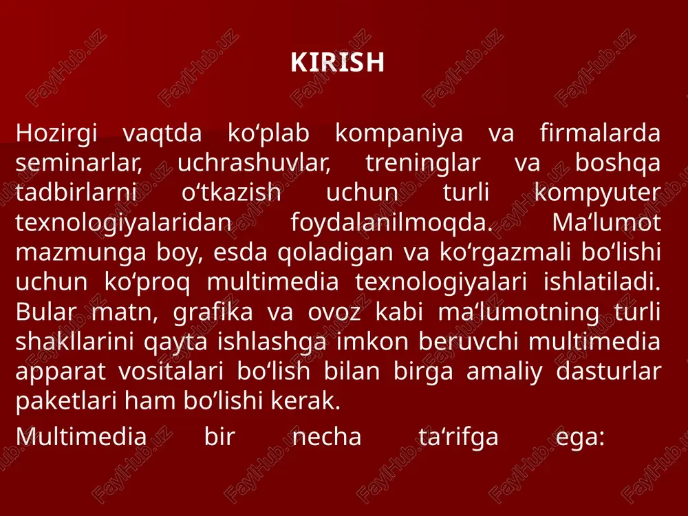 chiqarishni aktiv boshqarish o`zlashtirish sifatini oshiradi. hozir multimedia o`quv dasturlaridan math cad, plus 6.0 kabi kuchli dastur mahsulotlari tarkibidan foydalaniladi. multimedia texnalogiyalardan foydalaniladigan etarlicha jiddiy dasturlar hozircha yo`q. asosiy muammo- professor- o`qtuvchilarning mul`timedia imkoniyatlarini yaxshi biladigan dasturchilar bilan birgalikda ishlashining tashkil etilmaganligidir. bunday o`quv dasturlarini ishlab chiqish va o`quv yurtlarida keng tarqatish lozim. dasturlash texnalogiyasida mul`timedia. bu zamonaviy dastur mahsulotlarini yaratishdaki yangi texnalogiyadir. bu professional bo`lmagan foydalanuvchini muloqot menyulari, chiroyli tasvirlar, sintezlangan tovushlar, musiqa tovushlari, dinamik grafikaning turli effektlari kabi dastur obektlarini dasturlashtirishdek murakkab ishdan ozod qiladi. multimediaga mansub texnik vositalarga mos ma`lumotni, masalan, tovush va videoelementlarni, taqlidli, uzluksiz shakldan komp`yuter tushunadigan raqamli shaklda o`tkazadi. shu bilan birga, saqlangan va qayta ishlangan mos ma`lumotni inson adekvat qabul qila olishi uchun mul`timedia qiziqtirayotgan raqamlardan zarur obrazlar, masalan, tovush va videoelementlar yaratadi. cd player dasturini bosh menyudan bevosita ishga tushirish programmi/standartnie/multimedia/lazerniy proigrivatel prog-rams /accessories/multimedia/cd player buyruqlar ketma-ketligi bilan amalga oshiriladi. multimediani qo’llash …