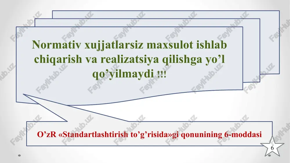 irish uchun tadbirlar, tartiblar va boshqaruv qoidalarini ishlab chiqishdir. o'zbekistonda mahsulotlarni sertifikatlashtirish tartibi muvofiqlikni tasdiqlashning rasmiy shakli bo'lib, muvofiqlik sertifikati yoki muvofiqlik deklaratsiyasini berishni o'z ichiga oladi. mahsulotni sertifikatlash me'yoriy hujjatlar talablariga muvofiqligi uchun amalga oshiriladi. 25 sertifikatlashtirish tizimining asosiy vazifalari quyidagilar: 26 sertifikatlashtirishda qo’llaniladigan hujjatlarning yagona tizimini tashkil qilish; yagona atama va ta’riflarni ishlab chiqish; bir turdagi mahsulotlarni sertifikatlashtirishning qoida va tartiblarini ishlab chiqish; sertifikatlashtirish uchun o’tkaziladigan sinovlarning qoidalarini ishlab chiqish sertifikatlashtirish qatnashchilarining davlat boshqaruv idoralari bilan o’zaro hamkorlik tartiblarini aniqlash o’zbekiston respublikasining sertifikatlashtirish milliy tizimida quyidagi faoliyat turlari olib boriladi: mahsulot va xizmatlarni sertifikatlashtirish; sifat tizimlarini va ishlab chiqarishlarni sertifikatlashtirish; majburiy sertifikatlashtirish qoidalariga rioya qilinishi ustidan nazorat olib borish; yuqoridagi keltirib o’tilgan faoliyat yo’nalishlari bo’yicha ekspert-auditorlarni tayyorlash va attestatlash kabi faoliyat turlarini yuritadi. 27 o’zbekiston respublikasi akkreditlash tizimi ham mavjud bo’lib u quyidagi faoliyat turlarini olib boradi: sinash laboratoriyalarini (markazlarini) akkreditlash; bir turdagi mahsulotlarni sertifikatlashtirish bo’yicha idoralarni akkreditlash; …