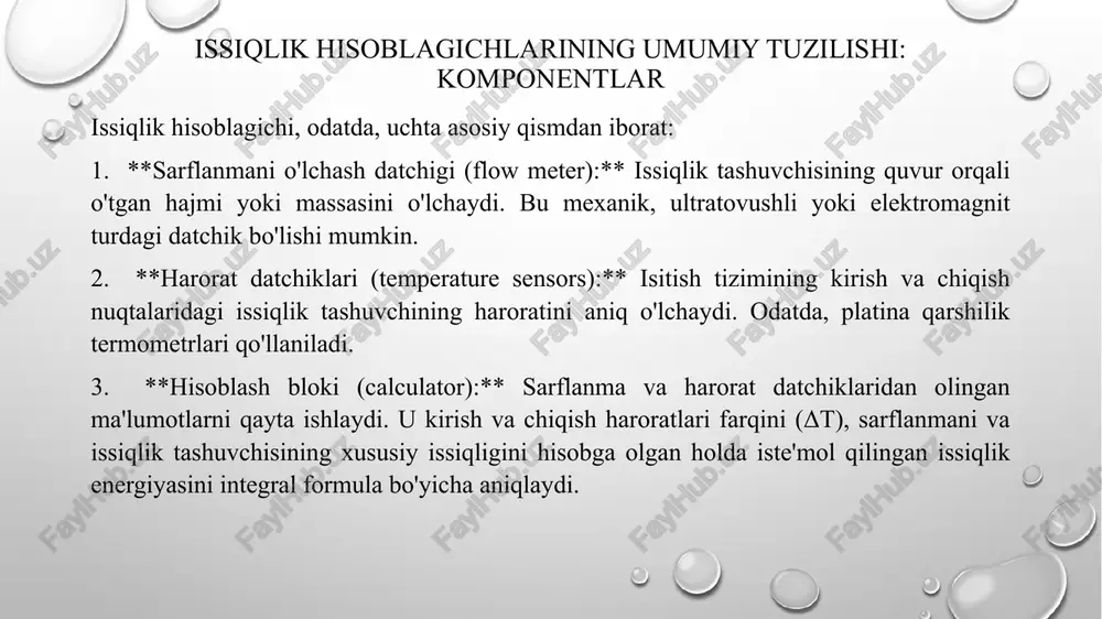 lagich qancha muddatda bir tekshiruvdan o'tkazilishi kerakligi (odatda o'zbekistonda 4 yil). * **o'rnatish turi:** quvurga ulanish usuli (flanjli, rezbali) va o'lchami. * **ishchi harorat va bosim:** hisoblagich ishlashi mumkin bo'lgan maksimal harorat va bosim. issiqlik hisoblagichlarini tanlash va o'rnatish asoslari issiqlik hisoblagichini tanlashda tizimning xususiyatlari (sarflanma, harorat, bosim, issiqlik tashuvchisining sifati) va o'lchov vazifalari (aniqlik talablari, masofaviy monitoring zaruriyati) inobatga olinishi kerak. o'rnatish jarayoni ishlab chiqaruvchining yo'riqnomalariga qat'iy rioya qilgan holda amalga oshirilishi shart. to'g'ri o'rnatish joyini tanlash (quvurning to'g'ri, gorizontal/vertikal qismi), filtrlarni o'rnatish (mexanik hisoblagichlar uchun ayniqsa muhim) va hisoblagichning ishga tushirilishi (parametrlarini sozlash) aniq o'lchov uchun zaruriy shartlardir. xulosa qilib aytganda, issiqlik hisoblagichlari energiya samaradorligini oshirish va xarajatlarni nazorat qilishda muhim rol o'ynaydi. e'tiboringiz uchun rahmat! image2.png image3.png image1.png /docprops/thumbnail.jpeg