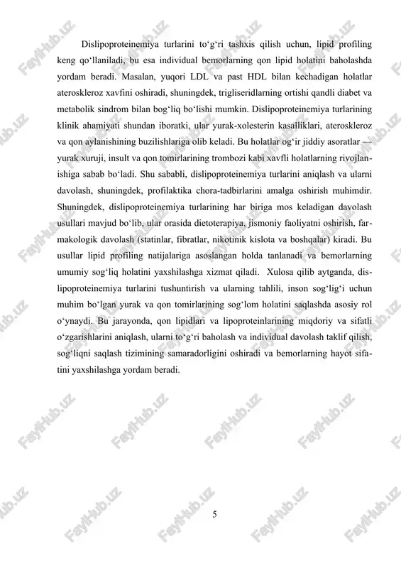 u esa yara va shishlarning rivojlanishiga sabab bo‘lishi mumkin. oshqozon suyuqligi tashxisining klinik ahamiyati yallig‘lanishning darajasini aniqlash bilan birga, ularning muolaja takliflarini belgilashda ham muhimdir. uchinchidan, oshqozon suyuqligi tahlili oshqozon-ichak yara kasalliklarining kechishi va tibbiy nazorat qilishda muhim bo‘lib, kasallikning turini aniqlashga yordam beradi. yara kasalliklarida oshqozon shilliqligi va kislotalik darajasining o‘zgarishi, shuningdek, davolash jarayonlari bilan bog'liq o'zgarishlar tahlil qilinadi. bu tahlil yordamida davolashning samaradorligini baholash, kasallikning kechishi va remissiya davrlarini aniqlash mumkin. oshqozon suyuqligi tashxisining klinik ahamiyati shundan iboratki, u yurak-xolesterin kasalliklari, ateroskleroz va metabolik buzilishlar bilan bog‘liq dislipoproteinemiya holatlarini ham kuzatishda qo‘llaniladi. buning uchun, oshqozon suyuqligi va lipid profilini birgalikda baholash, organizmning umumiy metabolik holatini tushunishga yordam beradi. dislipoproteinemiya va oshqozon-ichak kasalliklari o‘rtasidagi bog‘liqlikni o‘rganish, ularni oldini olish va samarali davolash uchun muhim bo‘lib, bu esa klinik amaliyotda oshqozon suyuqligi tashxisining ahamiyatini yanada kuchaytiradi. shuningdek, oshqozon suyuqligi tashxisining klinik ahamiyati zamonaviy texnologiyalar bilan ham bog‘liq. endoskopik metodlar va …