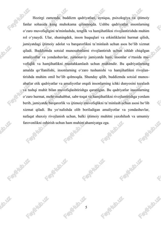 axshilash uchun ishlab chiqilgan etik qoidalar, masalan, "panca sila" (besh etik qoidalar) ham jamiyatda ijtimoiy muhitni yaxshilashga xizmat qiladi, chunki ular insonlarning o‘zaro muomala va munosabatlarini to‘g‘ri va adolatli qilishga undaydi. hozirgi zamonda, buddizmda sotsial munosabatlarni rivojlantirishga qaratilgan amaliyotlar va yondashuvlar psixologiya, etika va ijtimoiy fanlar bilan bog‘liq ilmiy tadqiqotlar uchun muhim bo‘lib qolmoqda. bu, insonlarning o‘zaro muvofiqligini va ijtimoiy barqarorlikni ta'minlashda muhim rol o‘ynaydi. zamonaviy jamiyatda, inson huquqlari, tenglik va hamjihatlikni rivojlantirish uchun buddizm ta'limotlaridan ilhomlanib, muayyan amaliyotlar ishlab chiqilmoqda. bu esa, insonlar o‘rtasidagi muvofiqlik va hamjihatlikni kuchaytirishga yordam beradi, shuningdek, jamiyatdagi ijtimoiy muammolarni hal etishda muhim omil bo‘lib xizmat qiladi. shunday qilib, buddizmda sotsial munosabatlar muhim qadriyatlar va amaliyotlar orqali rivojlantiriladi. bu qadriyatlar insonlarning ichki dunyosini va tashqi muhit bilan bo‘ladigan aloqalarini yaxshilashga xizmat qiladi, jamiyatda hamjihatlik, mehr-muhabbat va sabr-toqatni mustahkamlashga yordam beradi. bu yondashuv, insonlarning o‘zaro muvofiqligini va ijtimoiy barqarorlikni ta'minlashda muhim faktor bo‘lib, zamonaviy jamiyatda muhim …