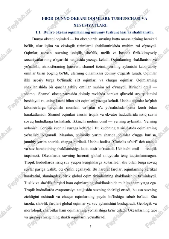 lari ta'sirida yuzaga keladi. chuqur oqimlar juda sekin harakat qiladi, ammo ular okeanlarning katta qismlarini qamrab oladi. ularning harakati vertikal bo'lib, global miqyosdagi suv aylanishini tashkil etadi. dunyo okeanining global oqim tizimi termohalin aylanishi deb ataladigan jarayon bilan bog'liq. bu tizim suvning issiqlik va sho'rlik farqlari asosida tashkil topadi. oqimlar, masalan, tropik hududlarda issiq suvlarni ekvator yaqinidan sovuq hududlarga tashishadi, shu bilan birga sovuq suvlar pastki qatlamlarga ko'tarilib, o'z o'rnini bosadi. ushbu jarayonlar iqlimning shakllanishida muhim rol o'ynaydi. tropik oqimlar, asosan, issiq suvlardan tashkil topgan va ularning ta'siri quruqlikdan uzoqda joylashgan hududlarga etkaziladi. antarktida va sibir oqimlari, o'z navbatida, qutb hududlaridan suvni tropik va ekvator hududlariga olib boradi. ushbu oqimlar o'zaro aloqada bo'lib, global iqlim tizimlarida katta o'rin tutadi. okean oqimlarining ahamiyati juda katta. ular iqlimni shakllantiradi, biotizimlarni qo'llab-quvvatlaydi va dengiz hayoti uchun zarur sharoitlarni yaratadi. oqimlar, shu bilan birga, global ekotizimlarning muvozanatini saqlashda muhim rol o'ynaydi. okean oqimlarining harakati …
