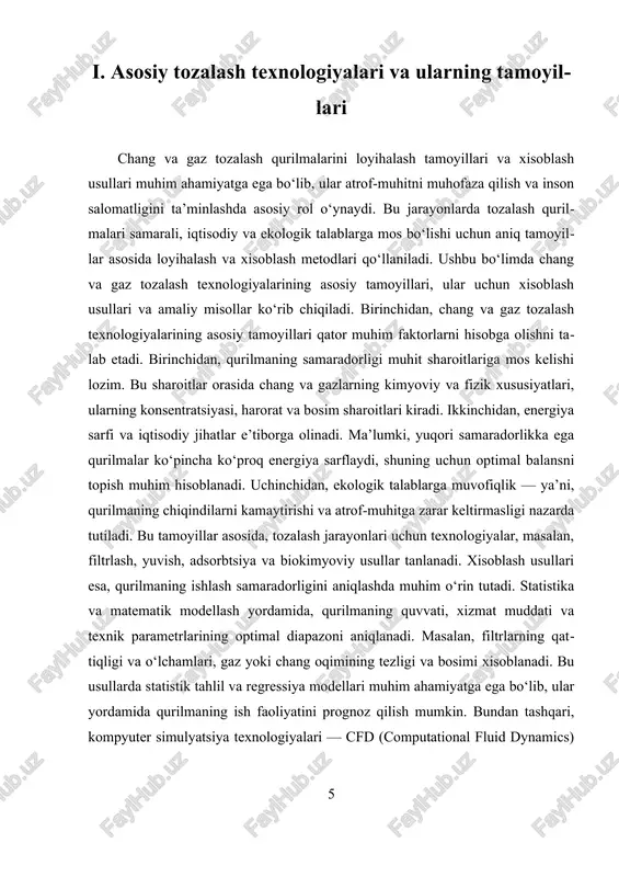 yatlari va energiya sarfi matematik modellar bilan aniqlanadi. bu model yordamida qurilmaning ishlash ko‘rsatkichlari, quvvat va xizmat muddati ehtimollik asosida hisoblanadi. matematik modellash jarayonida turli xil ehtimollik nazariyasi va differensial tenglamalar qo‘llanadi, bu esa qurilmaning muhit sharoitlariga moslashuvchanligini ta’minlaydi. ularning yordamida, ishlab chiqilayotgan qurilmaning texnik imkoniyatlari va iqtisodiy samaradorligi baholanadi, shuningdek, optimal dizayn variantlari tanlanadi. simulyatsiya tahlili esa, real hayotiy jarayonlarni kompyuter dasturlari yordamida virtual muhitda takrorlash imkonini beradi. bu usulda, qurilmaning ishlash jarayoni kompyuter modellari yordamida dasturlash bilan amalga oshiriladi. simulyatsiya texnologiyalari yordamida, muhit sharoitlarining o‘zgarishi, qurilmaning turli modifikatsiyalari va ehtimollik xatoliklari ko‘rsatiladi. bunday yondashuv qurilmaning haqiqiy ishlash natijalarini oldindan ko‘rsatib, muammolarni aniqlash va ularni hal qilishda katta yordam beradi. masalan, gaz va chang tozalash qurilmasining energiya sarfi, filtrlarning ishlash muddati, texnologik jarayonlarning samaradorligi va xavfsizlik choralari simulyatsiya yordamida aniqlanadi. bu usul loyiha ishlab chiqishda, ayniqsa, turli variantlarni taqqoslash va eng optimalini tanlash uchun keng qo‘llaniladi. simulyatsiya shuningdek, yangi …