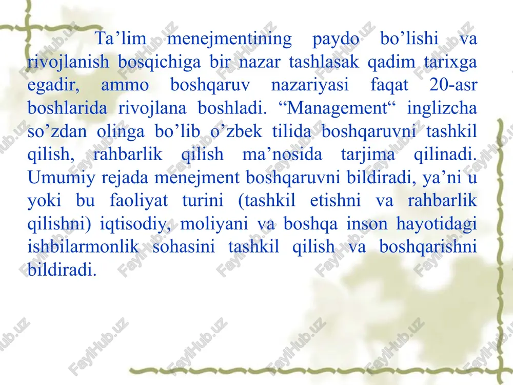 lat, mahalliy hokimiyat va ta’lim muassasalari darajasida amalga oshiriladi. ta’lim tizimini boshqarish mexanizmlari. 1. normativ-huquqiy mexanizmlar ta’lim tizimini tartibga soluvchi qonunlar, davlat dasturlari va nizomlar. ta’lim standartlari va talablarini belgilovchi me’yoriy hujjatlar. sertifikatlashtirish va akkreditatsiya jarayonlari. ta’lim tizimini boshqarish mexanizmlari. 2. tashkiliy boshqaruv mexanizmlari ta’lim muassasalarining tuzilmasi va ularning o‘zaro hamkorligi. kadrlar siyosati: o‘qituvchilarni tanlash, malakasini oshirish va rag‘batlantirish. o‘quv jarayonini rejalashtirish va nazorat qilish. ta’lim tizimini boshqarish mexanizmlari. 3. moliyaviy-iqtisodiy mexanizmlar davlat byudjetidan ajratiladigan mablag‘lar va grantlar. xususiy sektor va homiylarning ta’limga investitsiyalari. ta’lim muassasalarining moliyaviy mustaqilligi va boshqaruv tizimi. ta’lim tizimini boshqarish mexanizmlari. 4. axborot-kommunikatsion mexanizmlar elektron ta’lim platformalari va masofaviy ta’lim tizimlari. statistika va ta’lim monitoringi uchun axborot bazalarini yuritish. ota-onalar, o‘qituvchilar va o‘quvchilar o‘rtasida muloqotni rivojlantirish. ta’lim tizimini boshqarish mexanizmlari. 5. ijtimoiy-psixologik mexanizmlar ta’lim jarayonida manfaatdor tomonlarning hamkorligi va ijtimoiy sheriklik. o‘qituvchilar va o‘quvchilar motivatsiyasini oshirish. pedagogik muhit va ta’lim muassasasining ichki iqlimini shakllantirish. ta’lim tizimini …