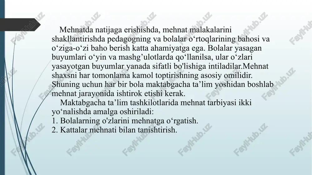 ko‘nikmalarini o‘zlashtiradilar. 6 yoshlilarda engillik paydo bo‘lib, yugurish ritmi barqarorlashadi, yon tomonga tebranishlar kamayadi, ular balandlikka, uzunlikka, to‘siqlar osha sakraydilar, koptokni nishonga urishni o‘zlashtiradilar, ko‘z bilan mo‘ljal olish kuchayadi. jismoniy tarbiyaning asosiy vazifalari quyidagilardan tarkib topadi.  bolalarda salomatlik, jismoniy tarbiya va sport qadriyatlarini o‘zlashtirishda ongli ehtiyojni shakllantirish;  boladagi jismoniy sifatlar, harakat ko‘nikma va malakalari rivojining zarur hamda etarli darajasini ta’minlovchi jismoniy imkoniyatlarning tabiiylikka muvofiq va individual - mos rivojlantirilishi;  maktabgacha yoshdagi bolalarga umumiy jismoniy ma’lumotlarni berish, bunda ularning jismoniy tarbiyasiga oid aqliy, texnologik, axloqiy, etik va estetik qadriyatlarni o‘zlashtirishiga erishish;  bilimlarning mustaqil mashulotlar o‘tkazishning boshlanich ko‘nikmalari darajasida dolzarblashuvi. maktabgacha yoshdagi bolalar jismoniy tarbiyasi tizimi, tuzilishining innovastion qo‘shimchalariga xos asosiy muammolar quyidagilardir: a) bolalarning psixik rivojlanishi jarayoni sharoitlarini maqbullashtirish uchun jismoniy tarbiya vositalaridan foydalanish imkoniyatlari; b) maktabgacha yoshdagi bolalar jismoniy sifatlarini rivojlantirish va asosiy harakatlarini shakllantirishning yosh xususiyatlari; v) maktabgacha bolalar muassasalarida jismoniy tarbiyaning metodologik muammolari; g) …