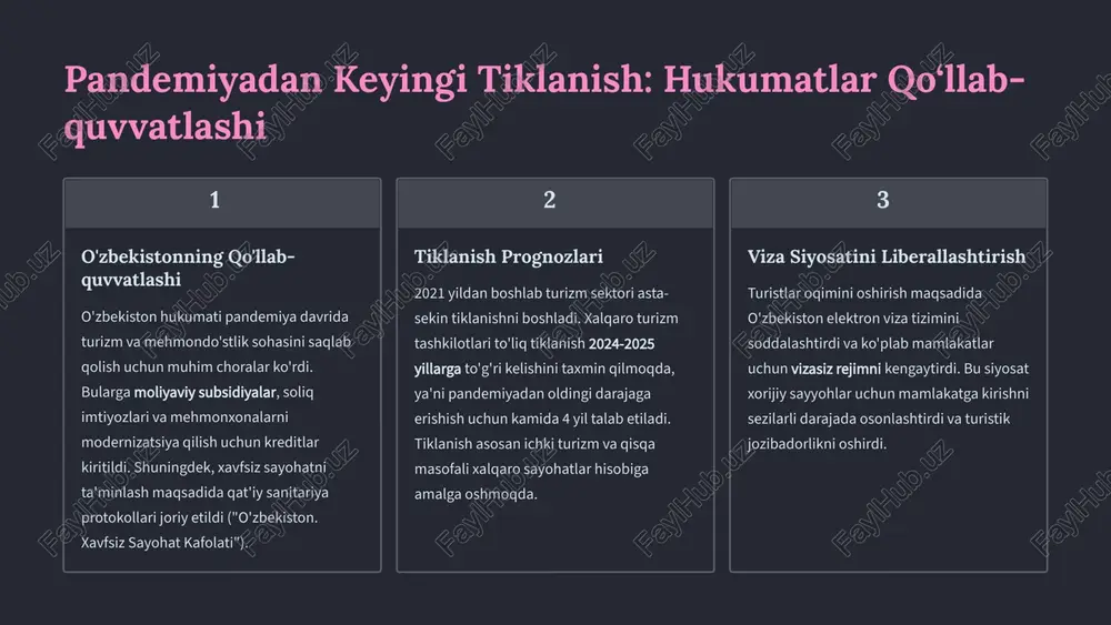 sa: jahon turizmi – qayta tiklanish va yangi imkoniyatlar davri global turizmning transformatsiyasi covid-19 pandemiyasi global turizmni qattiq sinovdan o'tkazdi, ammo soha o'zining chidamli ekanligini isbotladi. tezkor moslashish, texnologik yechimlarni joriy etish va hukumatlarning strategik qo'llab-quvvatlashi tufayli tiklanish davri boshlandi. pandemiya turizmning zaif tomonlarini ko'rsatdi, ammo innovatsiyalar uchun yangi imkoniyatlar yaratdi. o'zbekiston kabi madaniy jihatdan boy mamlakatlar uchun raqobatbardosh va barqaror turizmni rivojlantirish imkoniyati kengaymoqda, ayniqsa sog'liq va xavfsizlikka e'tibor kuchaygan bir paytda. innovatsiyalar, davlat qo'llab-quvvatlashi va mijozlarga bo'lgan ishonchni tiklash kelajakda muvaffaqiyatga erishishning asosiy kalitlari bo'lib xizmat qiladi. image1.png image2.png image3.png image4.png image5.png image6.png image7.png image8.png image9.png image10.png image11.png image12.png image13.png image14.png image15.png image16.png image17.png image18.png image19.png