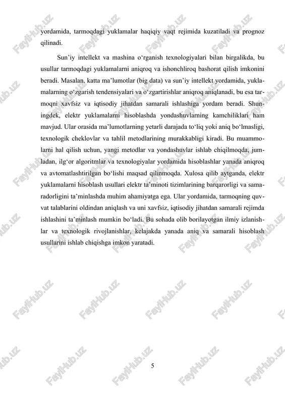 oz metodlarining birgalikda qo‘llanilishi, elektr tarmoqlarining barqarorligi va samaradorligini ta’minlashda muhim ahamiyat kasb etadi. bu yondashuvlar yordamida, tarmoqni maksimal darajada optimal rejimda ishlashini ta’minlash uchun, yuklamalarning o‘zgarish xarakteristikalarini aniq bilish va oldindan rejalashtirish mumkin bo‘ladi. bu esa, o‘z navbatida, energiya ta’minoti tizimining ishonchliligi va iqtisodiy samaradorligini oshirishga xizmat qiladi. shuningdek, texnologik rivojlanishlar, ayniqsa, big data, mashina o‘rganish va sun’iy intellekt texnologiyalarining joriy etilishi, bu usullarning imkoniyatlarini kengaytirmoqda. masalan, mashina o‘rganish algoritmlari yordamida, katta hajmdagi ma’lumotlar asosida, yuklamalarning dinamik o‘zgarishlarini yuqori aniqlik bilan prognoz qilish mumkin bo‘lmoqda. bu, o‘z navbatida, tarmoqdagi muammolarni oldindan aniqlash va ularni hal qilish uchun yangi imkoniyatlar yaratmoqda. biroq, ushbu metodlarning kamchiliklari ham mavjud. ma’lumotlarning yetarli darajada to‘liq va aniq bo‘lmasligi, texnologik cheklovlar va tahlil usullarining murakkabligi, ularning qo‘llanilishini cheklaydi. shuningdek, statistik prognozlar va matematik modellarning natijalari, to‘g‘ri baholash va interpretatsiya qilish uchun, yuqori malakali mutaxassislarni talab qiladi. kelajakda, bu muammolarni hal qilish uchun, yangi metodlar va …