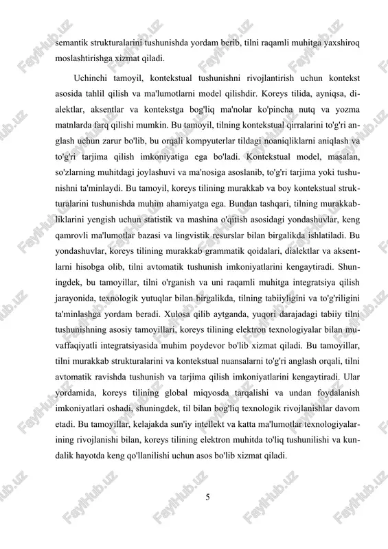 chiqarishni maqsad qilgan. bu jarayon uchun, kompyuter ko'rish texnologiyalari va mashina o'qitish algoritmlari qo'llaniladi. ocr tizimlari, asosan, harflar va so'zlarning shaklini tanib olish, ularni lug'at bilan solishtirish va matn formatida chiqarish uchun mo'ljallangan. koreys yozuvi, o'ziga xos grafikalari bilan, bu jarayonda qiyinchiliklar tug'dirishi mumkin, shuning uchun, rivojlangan model va keng ma'lumotlar bazalari bilan ta'minlash muhim ahamiyat kasb etadi. koreys tilini avtomatik tanib olishda, mashina o'qitish va sun'iy intellekt texnologiyalarining rivojlanishi muhim rol o'ynaydi. bu texnologiyalar yordamida, tizimlar kontekstni tushunish qobiliyatiga ega bo'lib, nisbatan yuqori aniqlik bilan nutq va yozma matnlarni ajrata oladi. masalan, samsung, naver, kakao kabi yirik kompaniyalar, koreys tilining tanib olish texnologiyalarini rivojlantirishda katta hissa qo'shmoqda. ular, shuningdek, dialektlar va aksentlarning aniqligini oshirish uchun maxsus modellar ishlab chiqmoqda, bu esa tilni to'liq tushunish va tarjima qilish imkoniyatlarini kengaytiradi. biroq, avtomatik tanib olish texnologiyalarida ham muayyan muammolar mavjud. eng asosiy muammo, kontekstni to'liq tushunmaslik, dialekt va aksentlarni aniqlashdagi qiyinchiliklar …
