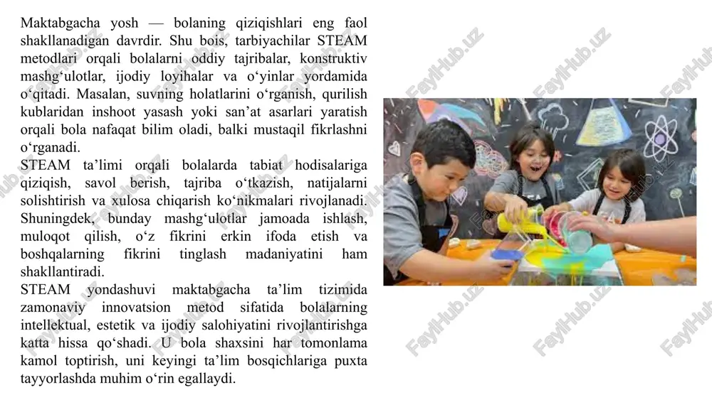 kalar joriy etilmoqda. o'qituvchilar bolalarni qanday qilib mustaqil izlanishga rag'batlantirish, ularning curiosity-ni rivojlantirish bo'yicha treninglardan o'tmoqdalar. amaliy dars mashg'ulotlari maktabgacha ta'lim muassasalarida steam asosida tashkil etilgan mashg'ulotlar o'tkazilyapti. bolalar robototexnika, coding, eksperimentlar va loyihalar orqali yangi bilim va ko'nikmalar o'zlashtiryapti. 9 ko’rsatkich raqam / fakt steam innovatsion ta’lim markazi ochilishi abdulla avloniy nomidagi pedagogik mahorat milliy institutida steam innovatsion ta’lim markazi tashkil etildi; loyiha qiymati ~15 mlrd soʻm, 9 ta laboratoriya, uchrashuv va boshqaruv xonalari mavjud. (talimmalarlari) “barkamol avlod” maktablarida steam laboratoriyalari 2023-2027-yillarda 100 ta “barkamol avlod” maktabida steam-ta’lim laboratoriyalari tashkil etilishi rejalashtirilgan. (dy.uz) preschool ta’limini kengaytirish bo’yicha ppp loyihalari adb yordamida samarqand va yana 4 viloyatda jami ~500 maktabgacha ta’lim muassasasini rivojlantirish rejalashtirilgan; bu ~75 000 bolani qamrab olishi mumkin. (gazeta.uz) o‘qituvchilar tayyorligi va o‘quv uslubiy o‘zgarishlar icdi (international child development initiatives) tomonidan amalga oshirilgan treninglar orqali 31 nafar maktabgacha ta’lim metodistlari (master trainers) o'qitildi, va ular orqali 100 …