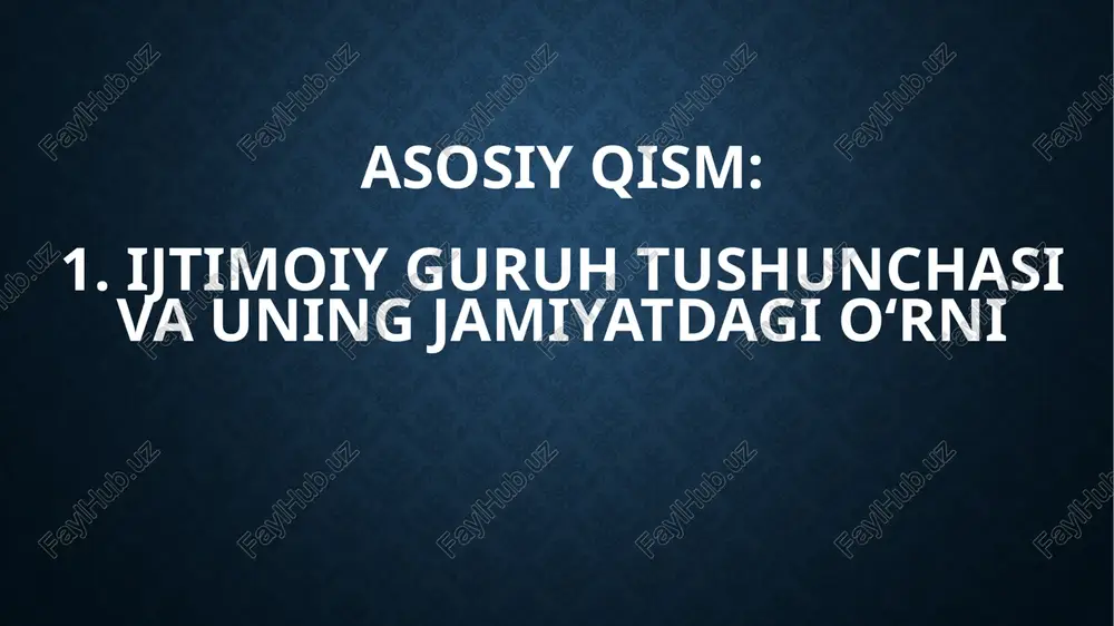 iradi va jamiyatning faol a’zosiga aylanadi. ijtimoiy guruhlar — jamiyatning ajralmas qismi bo‘lib, ular nafaqat ijtimoiy tartib va barqarorlikni ta’minlaydi, balki shaxsning to‘liq shakllanishi, ijtimoiy ong, axloqiy qadriyat va madaniyatning uzviy davomiyligini kafolatlaydi. shuning uchun har bir ijtimoiy guruh — jamiyat hayotidagi faol, dinamik va zaruriy tuzilma hisoblanadi. xulosa ijtimoiy guruhlar — har bir inson hayotining ajralmas qismi bo‘lib, ular shaxsning jamiyatga moslashuvi, ijtimoiy tajriba orttirishi va o‘zini anglashida beqiyos rol o‘ynaydi. har qanday jamiyatda barqarorlik, taraqqiyot va ijtimoiy tartibning asosi — bu ijtimoiy guruhlarning mavjudligi va faoliyatidir. ijtimoiylashuv jarayoni aynan guruhlar orqali amalga oshadi. oila, maktab, do‘stlar, mehnat jamoasi kabi guruhlar shaxsda axloqiy me’yorlar, qadriyatlar, jamiyatga foydali xulq-atvorni shakllantiradi. shuningdek, guruhlar shaxsga psixologik qo‘llab-quvvatlash, o‘z-o‘zini anglash va rivojlantirish imkonini beradi. shu bois, ijtimoiy guruhlarning turlarini, ularning funksiyalarini chuqur o‘rganish — nafaqat sotsiologiya fanining asosiy vazifalaridan biri, balki shaxsiy hayotda va ijtimoiy faoliyatda ongli, samarali ishtirok etish uchun zaruriy asosdir. …
