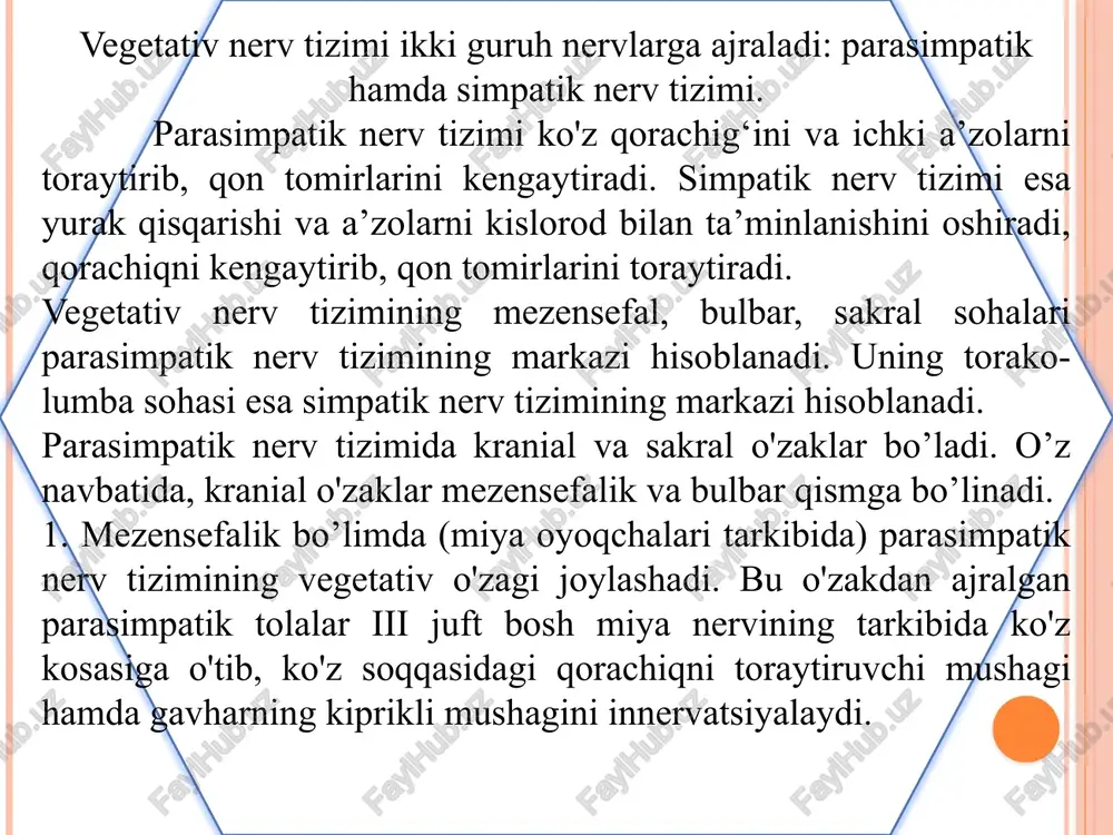 jralib,vii juft nervning parasimpatik tarmog'i bo'lgan va umumiy nervni hosil qiladi. bu nerv qanot-tanglay chuqurchasidagi tugunni hosil etishda qatnashadi. bu tugundan boshlanadigan tolalar ko'z yoshi bezi, burun bo'shlig'idagi va tanglaydagi bezlarning vegetativ innervatsiyasida qatnashadi. 2) bo'yin tugunlaridan ajralayotgan tolalar tashqi uyqu arteriyasi devorini o'rab oladi. bu chigaldan ajralayotgan nerv quloq tugunini hosil etishda qatnashadi. bu tugundan ajralayotgan vegetativ tolalar quloq oldi so'lak bezini innervatsiyalaydi. tashqi uyqu arteriyasining tarmog'i bo'lgan yuz arteriyasi devoridagi chigaldan ajralayotgan simpatik tolalar jag' osti tugunini hosil etishda qatnashadi. bu tugundan ajragan vegetativ tolalar til va jag' osti so'lak bezlarining vegetativ innervatsiyasida qatnashadi. 3) bo'yin sohasidagi a’zolar qon tomirlar chigalidan simpatik innervatsiyalanadi. 4) kalla sohasidagi mushaklar, teri bezlari, ko'z qorachig'ini kengaytiruvchi tolalar, so'lak bezlari, ko'z yoshi bezlari qon tomiri devoridagi chigallardan simpatik innervatsiyalanadi. 5) bo'yindagi har bir tugundan yurakni innervatsiya qilish uchun postganglionar simpatik nervlar ajraladi. ko'krak tugunlaridan ajraluvchi nervlar: 1) yuqoridagi ko'krak tugunlaridan ajralib, yurak atrofidagi …
