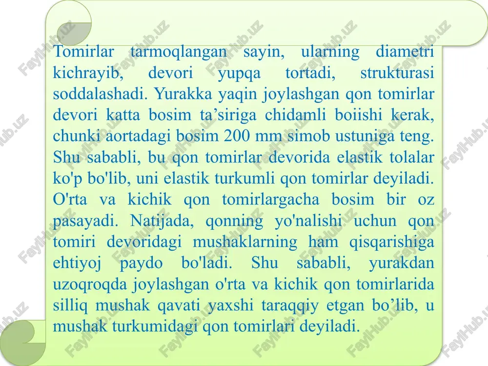shib turadi. purkine tolalari maxsus tuzilgan muskul tolalari kompleksidan iborat: muskul tolalarida miofibrallar kamroq, sarkoplazma ko'proq bo'ladi. shu sababli bu tolalar och rangda ko'rinadi va hajmi jihatdan oddiy muskul tolalaridan xiyla kattaroq bo'ladi. limfa sistemasi qon tomirlar sistemasiga qo'shimcha bo’lib, ularning kapillarlariga so'rila olmaydigan moddalarni to‘qima va hujayralardan chiqarib turadigan qo‘shimcha tomirlar sistemasidir. limfa kapillarlariga molekular og'irligi va hajmi katta bo’lgan moddalar (oqsil moddalar, yog'lar, hujayralar, bakteriyalar, viruslar) so'riladi. limfa to'qimalari - qonning shaklli elementlari bo‘lgan limfotsit ishlab chiqaradi. limfa sistemasining quyidagi tarkibiy qismlari bo’ladi: 1) limfa kapillarlari; 2) limfa kapillarlari to‘ri; 3) limfa tomirlari; 4) limfa tugunlari; 5) asosiy limfa yo’llari. limfa kapillarlari - to'qimalardan qovuzloq shaklida, berk kengayma holatida boshlanuvchi naychalar tizimidan iborat. qon tomir kapillarlari esa aksincha arteriola va venulalar bilan bog’lanuvchi ikki tarafi ochiq naychadir. qon tomir kapillarlari singari, limfa kapillarlarining devori ham bir qator endoteliy hujayralaridan tuzilgan bo’ladi. lekin limfa kapillarlarining diametri kattaroq bo’ladi. ular …