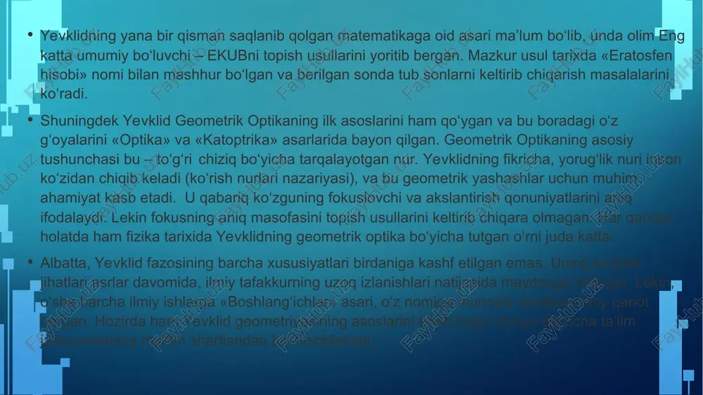 3ga qoldiqsiz bo'linadi ya`ni 1604 +2*4=1604+8= 1612=13*124 • 16 bo'linish alomati - agar natural son oxirgi 4 ta raqami 0000 bo‘lsa yoki 16 ga bo'linsa, berilgan son 16ga bo'linadi. • 17 ga bo'linish alomati - sonning oxirgi raqami 5 ga ko'paytiramiz va oldindagi raqamlardan ayiramiz. masalan:1003= 100-(5×3)= 8585÷17=5 • 19 ga boʻlinish qoidasi — sonning oxirgi raqamini 2 ga ko‘paytirib oldindagi songa qo'shamiz. masalan: 1691= 169 + (1×2) = 171171 = 17 + (2×1) = 1919:19= 1 • 23 ga bo'linish alomati - berilgan sonning oxiridagi sonni 7 ga ko'paytiramiz va oldindagi songa qo'shamiz. masalan:52952+(9×7)=11511+(5×7)=4646÷23=2 • 25 ga boʻlinish alomati — sonning oxirgi ikki raqami 25ga bo'linishi kerak. masalan: 1350 sonidagi 50 soni 25 ga bo‘linadi.50:25=2. • boʻlinishlik — biror sonning ikkinchi biror songa boʻlina olishligi. agar butun sonni butun songa boʻlishdan hosil boʻlgan boʻlinma ham butun son boʻlsa, �soni �soniga qoldiqsiz boʻlinadi deyiladi. bunda arifmetikaning quyidagi asosiy teoremasi oʻrinlidir: …