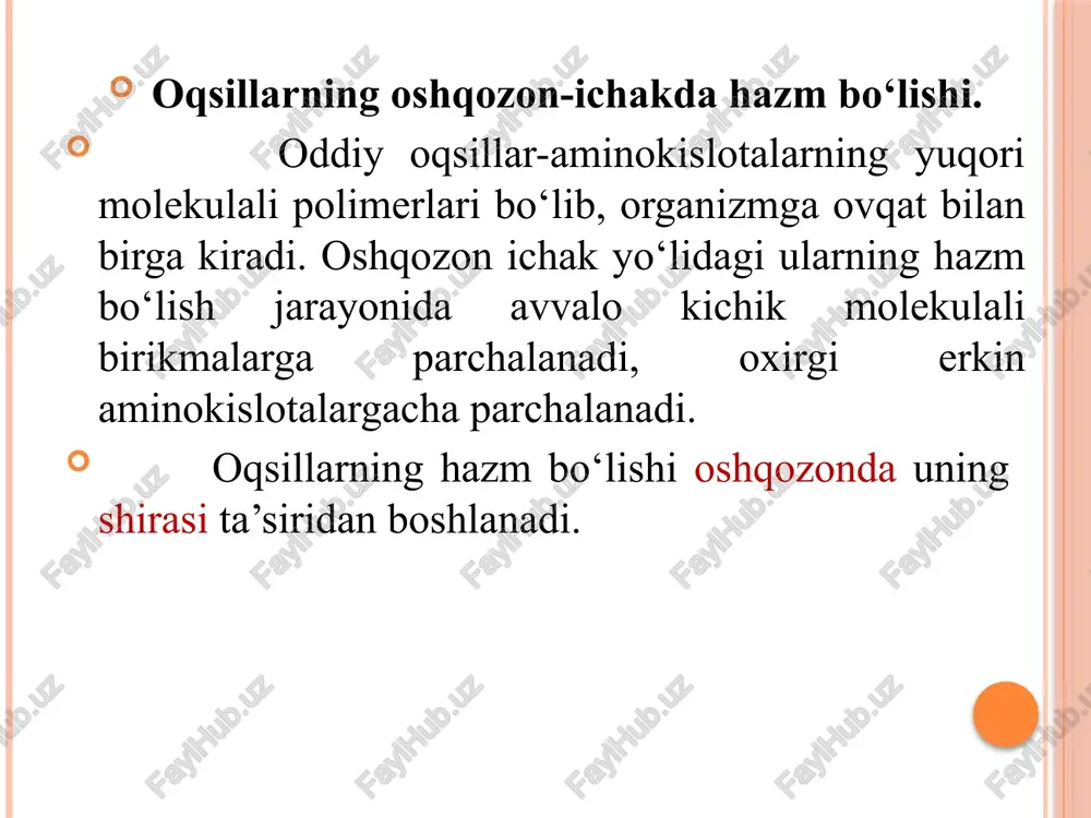 ikmadir va organizmda u tez bir qancha maxsus reaksiyalar tufayli neytral birikmalarga aylanadi. moddalar almashinuvi jarayonlari mobaynida hosil bo‘ladigan ammiakning zararsizlanishidagi eng muhim yo‘llaridan biri maxsus fermentlar yordamida (glutaminga bog‘liq bo‘lgan asparginsintetaza) glutamat kislotaga ammiakni bog‘lab glutaminga aylantirishdan iboratdir. talaygina organlarda (miya, to‘r parda, buyrak, jigar, muskullarda) ammiak shu yo‘l bilan yo‘qotiladi. jigarda atf, ammiak va karbonat angidridni biriktirib, faol modda karbomilfosfat hosil bo‘ladi: karbomil fosfat ornitin aminokislotasi bilan reaksiyaga kirishishi natijasida sitrullin aminokislotasi hosil bo‘ladi: sitrullin asparagin kislotasi bilan reaksiyaga kirishib argininni hosil qiladi: hosil bo‘lgan arginin faol argainaza fermenti ta’sirida karbomid va ornitinga parchalanadi. karbomid buyrak orqali siydik bilan chiqib ketadi. yuqoridagi reaksiyalardan ko‘rinib turibdiki, karbomid hosil bo‘lishida ornitin aminokislota yana o‘zining avvalgi holatiga qaytadi. buni quyidagi sxemadan ko‘rish mumkin. shunday qilib, karbomid sintezi ham ammiakni zararsizlantirishning eng muhim mexanizmlaridan biridir. mana shu sintez natijasida zaharli xossalarga ega bo‘lgan ammiakdan organizm uchun bezarar modda karbomid hosil bo‘ladi. image2.jpeg …