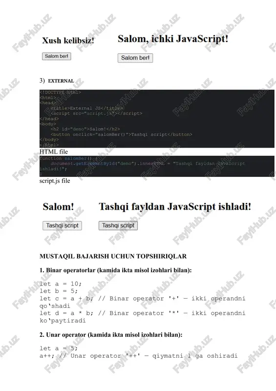 , "qizil", "pushti", "ko'k"] xulosa: men bu amaliy ishni bajarish davomida java script asoslari,java scriptda malumot turlari bilan tanishdim.java scriptni html bilan bog`lashning bir necha usullarini ko`rib chiqdim. image6.png image7.png image8.png image1.png image2.png image3.png image4.png image5.png
