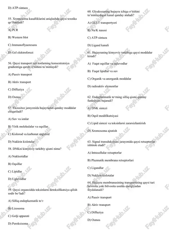 r b) yirik molekulalar va oqsillar c) kislorod va karbonat angidrid d) nuklein kislotalar 58. dnkni kimyoviy tarkibiy qismi nima? a) nukleotidlar b) oqsillar c) lipidlar d) uglevodlar 59. qaysi organoidda toksinlarni detoksifikatsiya qilish sodir bo‘ladi? a) silliq endoplazmatik to‘r b) lizosoma c) golji apparati d) peroksisoma 60. glyukozaning hujayra ichiga o‘tishini ta’minlaydigan kanal qanday ataladi? a) glut transportyori b) na/k nasosi c) atp-sintaza d) ligand kanali 61. hujayraning kimyoviy tarkibiga qaysi moddalar kiradi? a) faqat oqsillar va uglevodlar b) faqat lipidlar va suv c) organik va anorganik moddalar d) radioaktiv elementlar 62. endoplazmatik to‘rning silliq qismi qanday funksiyani bajaradi? a) dnk sintezi b) oqsil modifikatsiyasi c) lipid sintezi va toksinlarni zararsizlantirish d) xromosoma ajratish 63. signal transduksiyasi jarayonida qaysi retseptorlar ishtirok etadi? a) intrasellular retseptorlar b) plazmatik membrana retseptorlari c) ligandlar d) nuklein kislotalar 64. hujayra membranasining transportining qaysi turi bevosita yoki bilvosita usulda energiyadan foydalanadi? a) passiv transport …