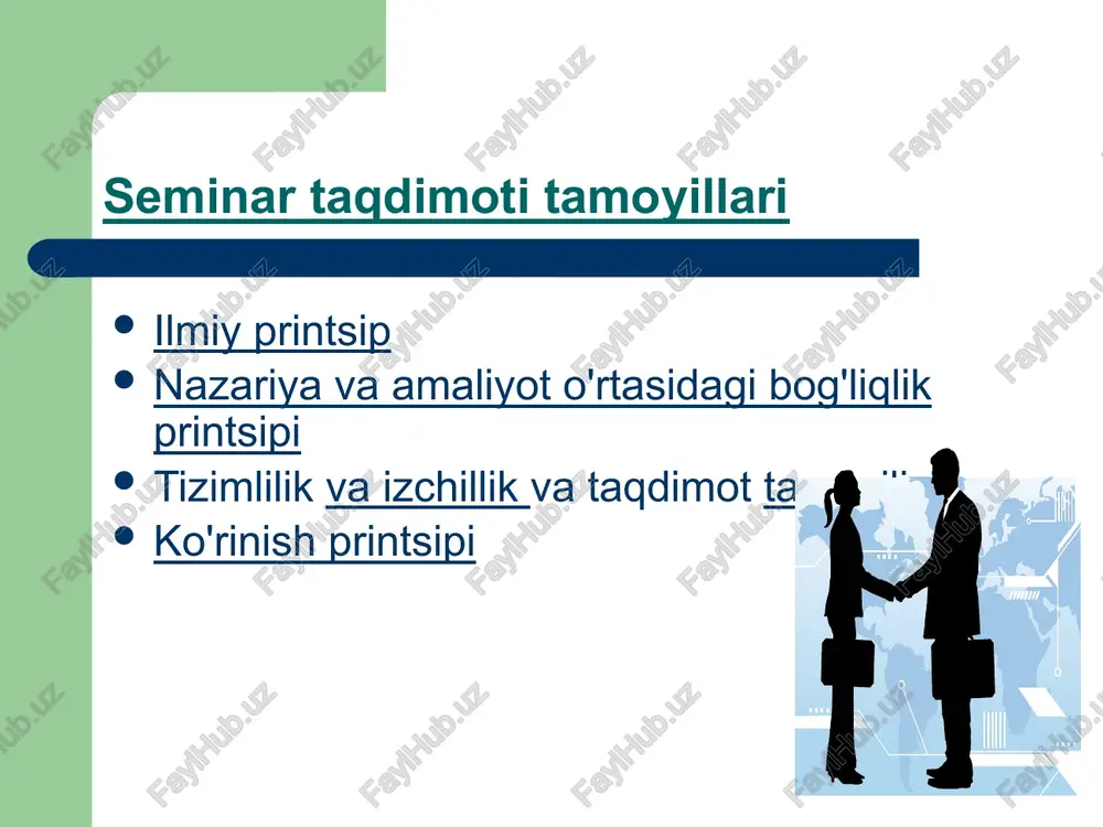 narsaga qaratish, mavjud adabiyotlardan qayerda va nimadan foydalanish mumkinligi va ulardan mustaqil ishlashni talab qiladigan narsa juda muhimdir. talabalarga boshlang'ich va ikkinchi darajali adabiyotlar ro'yxatini bering. seminarga tayyorgarlik bosqichida ularni ortiqcha yuklamang, muhokama uchun savollar sonini kamaytirmang. ularni kattalashtiring va 3-4 tagacha kamaytiring, lekin eng muhimi, ular jamoaviy muhokama uchun qiziqarli bo'lishi va talabalar muhokamasini rag'batlantirishi kerak. seminar sessiyasini qanday samarali o'tkazish kerak (evristik retsept) odatda seminar darsi umumiy mavzuni shakllantirish va o‘qituvchining kirish so‘zi bilan boshlanadi, bu esa talabalarni tegishli masalalar, vazifalar va muammolarni muhokama qilishga olib kelishi kerak. , va ,. talabalarga gapirishga ruxsat bering, lekin birining taqdimotini boshqalarning zarariga kechiktirmang. talabalar uchun kutilmagan va qiziqarli savollar berish orqali ularni munozaraga, tanqidiy tahlilga va umumlashtirishga jalb qiling. agar munozara siz xohlagan yo'nalishda harakatlanmasa, o'z vaqtida aralashib, uni to'g'irlang. agar talabalar muhokama qilinayotgan masala bo'yicha hamma narsani aytib berishgan bo'lsa va sizda qiziqarli va muhim qo'shimcha bo'lsa, uni qisqacha …