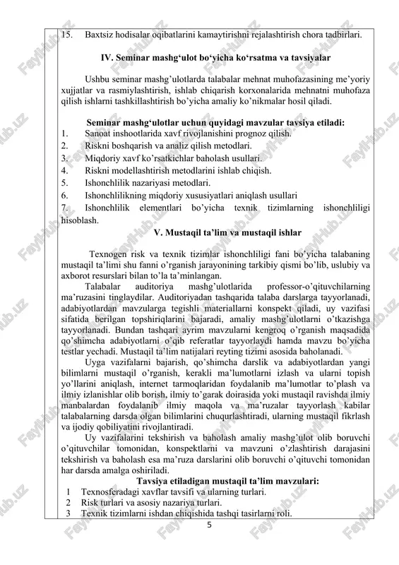 fsizligini ta’minlash choralari. 10 davlat sanitariya nazorati inspektorining huquq va vazifalari. 11 laboratoriyada xavfsiz ishlash, zaruriy vositalardan foydalanish talablari. 12 mashina va mexanizmlar uchun texnika xavfsizligi talablari keltiriladigan me’yoriy hujjatlar tizimi. 13 sanoat chiqindilarini tozalash, atmosferaga tashlash talablari usullari, nazorati. 14 texnologik jarayon bajarilishida xavfsizlikni ta’minlash chora tadbirlari. 15 texnologik jixozlarda sodir bo’lishni bartaraf qiluvchi texnik qurilmalar tuzilishi va ishlash prinsiplari. 16 texnologik mashinalarni ishlatishda yonish va portlash sodir bo’lishini oldini olish tadbirlari. 17 sanoat korxonalari bino, inshootlarini loyihasini tuzish va qurilishga bo’lgan mehnat muhofazasi talablari. 18 xavflarni kvantifikatsiyalashning sonli, balli va boshqa uslublarini tahlil qilish. 19 xavfsizlikni ta’minlash tamoyillari va uslublarini tahlil qilish. 20 faoliyatning turli bosqichlarida xavfsizlik shartlarini tahlil qilish. 21 faoliyat xavfsizligini ta’minlashning ergonomik ko’rsatkichlarini tahlil qilish. 22 o’zbekiston respublikasi hayot faoliyat xavfsizligini ta’minlash sohasida qabul qilingan qonun va meyoriy hujjatlar tizimi. 23 hayot faoliyati xavfsizligi fani bo’yicha glossariy tuzish. 24 insonning fiziologik va psixologik tavsiflarinig xavfsizlikni …