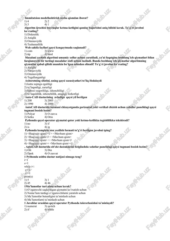 qanday vazifani bajaradi? 1) belgilangan yuzani bo’yaydi 2) tanlangan ob'ektni rangini o’zgartiradi 3) belgilangan yuzani shtrixlaydi 4) belgilangan ob'ektning qalinligini o’zgartiradi 2mathcad da standart qurollar paneli qanday ochiladi? 1) viev / toolbars / formating 2) viev / toolbars / math 3) viev / toolbars / standart 4) viev / toolbars / matrix 2 -bu kompyuterlar bir xona (bir sinf yoki auditori xonasi), bino, tashkilot yoki bir qancha filliallardan iborat bo’lgan tashkilot doirasida kompyuter tarmoqlaridir 1) mintaqaviy komp yuter tarmog’i 2) lokal komp yuter tarmog’i 3) global komp yuter tarmog’i 4) tele-kommunikatsiya 2 mathcad da qurollar paneli orqali grek xarflari qanday kiritiladi? 1) math / calculus / 2) math / greek / 3) math / symbolic / 4) math / graph / 2 pythonda ushbu dastur natijasi nimaga teng? i=1 s=0 while i + + 2) j + 3) +j + 4) + j chizma chizish qoidalariga muvofiq chizmada asosiy tutash …