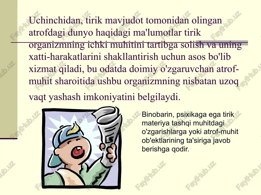 tti-harakatlarni amalga oshirishga imkon beradi. hayvonlarning xatti-harakatlaridagi o'zgarishlar asab tizimi va miyaning rivojlanishi bilan izohlanadi. miyaning hajmi oshadi va uning tuzilishi murakkablashadi. sezgi organlari orasida ko'rish ustunlik qila boshlaydi. shu bilan birga, harakat organlari ham rivojlanadi. eng yuqori daraja biologik neytral stimullarga aniq reaktsiyalar. rivojlangan vosita faoliyati (emaklash, erdan qazish, suvdan quruqlikka chiqish bilan suzish). atrof-muhit sharoitlaridan qochish, ulardan uzoqlashish va ijobiy stimullarni faol izlash qobiliyati. shaxsiy tajriba va o'rganish kichik rol o'ynaydi. qattiq tug'ma dasturlar xatti-harakatlarda asosiy ahamiyatga ega. pertseptiv psixika bosqichi past daraja. harakat ko'nikmalarini shakllantirish. qattiq, genetik jihatdan dasturlashtirilgan komponentlar ustunlik qiladi. harakat qobiliyatlari juda murakkab va xilma-xil (sho'ng'in, emaklash, yurish, yugurish, sakrash, toqqa chiqish, uchish va boshqalar). ijobiy stimullarni faol izlash, salbiy (zararli)lardan qochish, rivojlangan himoya xatti-harakatlari ko'nikma va mavzuni idrok etish bosqichi rivojlanishning ushbu bosqichida hayvonlarning xatti-harakatlarining asosiy fiziologik asosi miya yarim korteksida asabiy aloqalar - shartli reflekslarning shakllanishi hisoblanadi. eng yuqori daraja tafakkurning elementar …