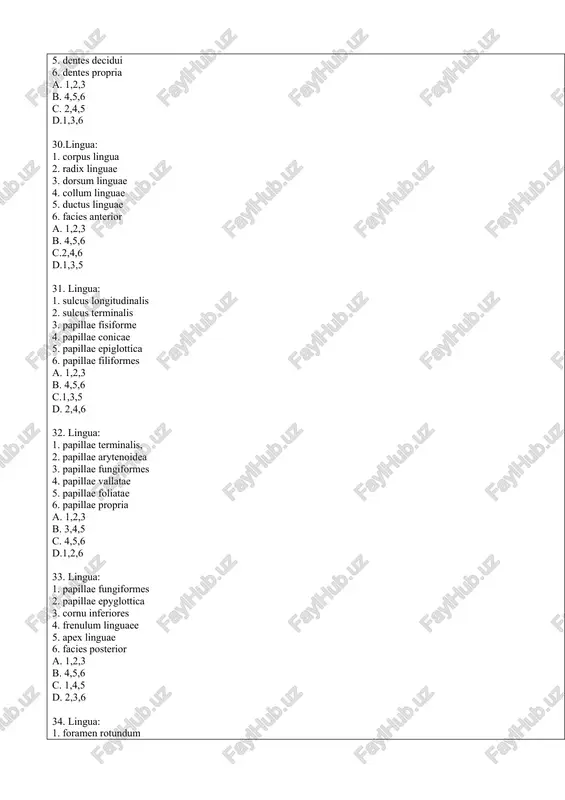 ilning shilliq qavatidan c.eshitish nayining tog’ayli qismidan va ponasimon suyak o’sigi’dan d.piramidaning pastki yuzasidan va eshitsh nayiningtogayli qismidan 48. m.levator velli palatine boshlanadi a.piramidaning yuqorgi yuzasi va eshitish nayining togayli qismindan b.orqa burun o’sig’i, tilning shilliq qavatidan c.eshitish nayining tog’ayli qismidan va ponasimon suyak o’sigi’dan d.piramidaning pastki yuzasidan va eshitsh nayiningtogayli qismidan 49.m.uvulae qayerdan boshlanadi? a.piramidaning yuqorgi yuzasi va eshitish nayining togayli qismindan b.orqa burun o’sig’i, tilning shilliq qavatidan c.eshitish nayining tog’ayli qismidan va ponasimon suyak o’sigi’dan d.piramidaning pastki yuzasidan va eshitsh nayiningtogayli qismidan 50.12-15 oylik balada nechda tish bo’ladi? a. 12 tish b. 13 tish c. 14 tish d. 15 tish 51.bolalarda va katta odamlarda qoziq tishining chiqish vaqti’? a.yuqorgi 14-16 oy (bolalarda) 9-10 yosh (katta odamlarda) pastki 6-18 oy (bolalarda) 9-10 yosh (katta odamlarda) b.yuqorgi 16-18 oy (bolalarda) 11-12 yosh (katta odamlarda) pastki 22-24 oy (bolalarda) 9-10 yosh (katta odamlarda) c.yuqorgi 18-20 oy (bolalarda) 13-14 yosh (katta odamlarda) …