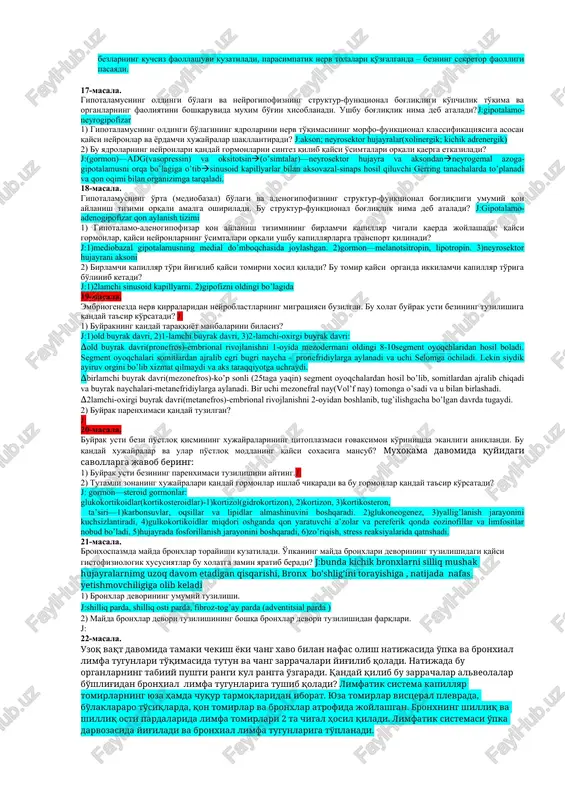 sohaning turli antigenlar ta’siri ostida o’zgarishi uning reaktiv markaz ham deb atalishiga sababdir. ko’payish markazida mitotik bo’linish qobiliyatiga ega bo’lgan limfoblastlar va prolimfoblastlar hamda oz miqdorda mayda limfotsitlar uchraydi. ulardan tashqari, ko’payish markazida ko’p miqdorda makrofaglar va follikulning dendritli hujayralari ham joylashadi. follikullar tarkibiga asosan b-limfotsitlar va ularning hosilasi hisoblangan plazmatik hujayralar kiradi. shu tufayli follikullar suyak ko’migiga tobe yoki bzonaga kiritiladi. ko’payish markazining kattaligi organizmning turli holatlariga qarab o’zgarishi mumkin. organizmga antigenlar tushganda ko’payish markazi kengayib, unda juda ko’p miqdorda mitoz yo’li bilan bo’linadigan hujayralar kuzatiladi. aksincha, organizmning nisbatan tinch holatida ko’payish markazlari kichrayib, unda yakka bo’linayotgan limfoblastlar va ozgina makrofaglarni ko’rish mumkin. po’stloq va mag’iz moddalar chegarasida joylashgan oraliq zonada t-limfotsitlar joylashadi. po’stloq oldi zonada (parakorteks) t-limfotsitlar uchun maxsus mikromuhit yaratuvchi interdigitirlovchi hujayralar uchraydi. ular t-limfotsitlarning ko’payishi va ishchi 203 (yoki effektor) hujayralarga differensiallanishini ta’minlaydi. parakorteksning muhim xususiyatlaridan yana biri unda ko’p miqdorda postkapillar venulalarning bo’lishidir. bu venulalar …