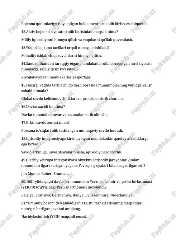 61.tokio va seul ekotizimida “bilim faktori”da maksimal ko‘rsatkichni qo‘lga kiritishi bu nima? texnologik innovatsiyalar va tadqiqotlar. 62.mamlakat hududida joylashgan tmklarning kamchiliklariga noto‘g‘ri berilgan qatorni belgilang. mahalliy iqtisodiyotga faqat salbiy ta'sir ko'rsatadi (tmklar ijobiy ta'sir ham ko'rsatishi mumkin). 63.global digital fabric bu nima? raqamli iqtisodiyot va axborot almashinuvining global tarmog'i. 64.strategik tizimlar nima? iqtisodiy maqsadlarni amalga oshirish uchun tuzilgan tarmoqlar. 65.transmilliylik indeksi (tni) yoki transmilliy korporatsiyalar indeksi bu nima? korporatsiyaning global faoliyat darajasini o'lchaydigan ko'rsatkich. 66.fintech bu nima? moliyaviy xizmatlarda texnologiyalarni qo'llash. 67.xizmatlar qaysi ulanishlarga ta’sir qiladi? iqtisodiy, ijtimoiy va global aloqalarga. 68.kamsitishsiz (diskriminatsiyasiz) savdo nima? barcha mamlakatlar uchun teng savdo shartlari. 69.savdo to‘siqlarini bartaraf etish nima? bojxona tariflari va kvotalarni kamaytirish. 70.omilli xizmatlar bu nima? ishlab chiqarish omillarining (mehnat, kapital) xalqaro harakati. 71.jahon bozori konyukturasi nima? jahon bozoridagi iqtisodiy holat va tendensiyalar. 72.tashqi iqtisodiy soha nima? xalqaro savdo, investitsiyalar va moliyaviy aloqalar. 73.milliy ishlab chiqaruvchilarni qo‘llab-quvvatlash va importni diskriminatsiya qilishga …