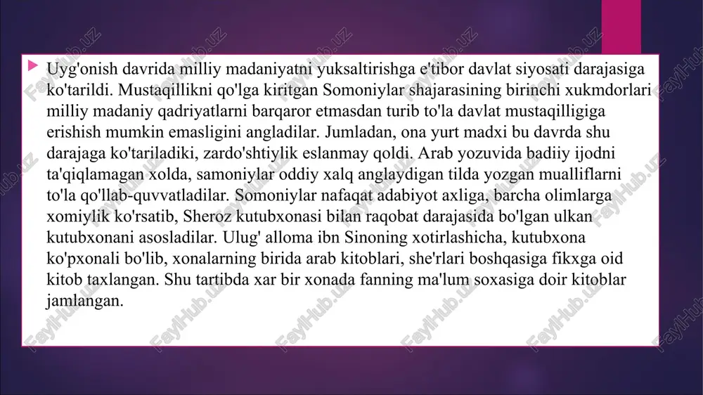 b koʻrsatsalarda amalda mutlaqo mustaqil ish yuritganlar. ular dastavval siyosiy hokimiyatni mustahkamlashga va qishloq xoʻjaligi.ni tartibga solishga harakat qilishgan. dehqrnchilik vohalarining suv taʼminotini yaxshilash uchun yangi kanallar qazilgan. tohiriylar davlat boshqaruvi, fuqarolarga munosabat, ayniqsa, soliq tartiblariga alohida ahamiyat berganlar. mulkdor dehqonlarning jabrzulmidan, ogʻir soliqlardan bezor boʻlgan aholi mamlakatda tez-tez qoʻzgʻolon koʻtarib turgan. 9-a.ning 60-yillarida xurosonda gʻoziylar faolligida xalq qoʻzgʻoloni avj olib ketgan. 873 yilda tohiriylar hukmronligi tugatilib, yangi safforiplar davlati tashkil topgan. mamlakatda sodir boʻlgan bunday siyosiy oʻzgarishdan soʻng movarounnahr xurosondan ajralib oʻz mustaqilligini toʻla tiklab olish imkoniga ega boʻlgan. tohir ibn husayn ushbu tohiriylar sulolasining asoschisi hisoblanadi. 821-yili u tarkibiga movarounnahr ham kiruvchi xuroson noibligiga tayinlanadi. tohir ibn husayn o‘z oldiga mustaqil davlat tuzish maqsadini qo‘yadi. 822-yili u xalifa ma’munning nomini juma namozidagi xutbada tilga olmaslik haqida buyruq chiqaradi. bu xalifalikka qarshi oshkora isyon edi. ammo tohirga o‘ylab qo‘ygan maqsadini amalga oshirish nasib etmaydi. u xalifaning odamlari tomonidan zaharlab …