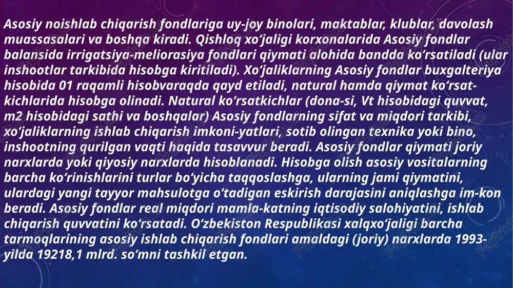 natni tashkil qilishning ilg'or sharoitlarida ishlab chiqarish mumkin bo'lgan mahsulotlarning maksimal darajasidir. u qoidaga ko'ra, ishlab chiqarilgan mahsulotlar hajmining natural ko'rinishda, ushbu korxonaning ixtisoslashganligi va mahsulotning alohida turlari o'rtasidagi o'zaro nisbatiga ko'ra aniqlanadi. paxta tozalash korxonalari ishlab chiqarish quvvati tayyorlanadigan paxta xom ashyosi miqdori, foydalai ish vaqti va asosiy uskuna sanalgan jin mashinalari soni bog'liq bo'ladi. taqvimiy yil mobaynida ikki hosil yilida yetishtirilgan paxta qayta ishlanishi munosabati bilan paxta tozalash korxonasining bir yillik ish davri ikkita ekspluatatsiya davriga bo'linadi. ana shu ikki davr orasidagi vaqt ekspluatatsiya qilinmaydigan davr bo'ladi. ekspluatatsiya davrining uzunligi asosan, paxta tozalash korxonasi hududida yetishtiriladigan paxtaning hajmiga va uskunaning ish rejimiga bog'liq. 64 birinchi ekspluatatsiya davri uchun mahsulot ishlab chiqarish hajmi o'tgan yildan qolgan paxtaning miqdoriga belgilanadi, paxta zavodidagi mavjud uskunalardan foydalanish darajasi ham anna shunga qarab belgilanadi. yangi paxta hosili tayyorlanadigan ikkinchi ekspluatatsiya davrida esa, aksincha, uskunalardan foydalanishdarajasiga qarab ishlanadigan paxta hajmi belgilanadi. uskunalardan foydalanish rejasini …