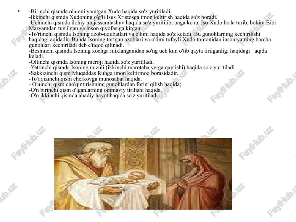 iya, antioxiya, quddus, rus, gruziya, serb, rumin, bolgar, kipr, ellada, albaniya, polsha, chexoslovakiya, amerika cherkovlari shakllangan. pravoslav oqimida sirli rasm-rusumlar muhim o'rin egallaydi. cherkov ta'limotiga ko'ra, bunday paytlarda xudo tomonidan dindorlarga alohida savoblar nozil bo'ladi. cho'qintirish- sirli xodisasi. bunda dindor o'z tanasini uch marta suvga botirishi xudo-otani, o'g'ilni va muqaddas ruhni chaqirish bilan ruhiy tug'ilishni kasb etadi. badanga yeleyni surkash ham sirli bo'lib, bunda dindorga muqaddas ruhning ruhiy hayotga qaytaruvchi va chiniqtiruvchi ehsonlari ulashiladi. poklanishning sirliligi. unda dindor non va vino ko'rinishda o'z badanida iso qonini abadiy hayotga tayyorlaydi. nadomatning sirliligi shundaki, dindor o'z gunohlarini din peshvosi oldida tan oladi, din peshvosi esa uning gunohlarini iso nomidan kechiradi. ruhoniylikning sirliligi u yoki bu shaxsni ruhoniy darajasiga ko'tarish uchun yepiskopning qo'lini o'sha shaxs badaniga tegizishi (yoki qo'yishi) orqali amalga oshiriladi. badanni yeley bilan ishqalash sirida xudoning ruhiy va jismoniy zaifliklarni tuzatuvchi lutfu marhamatidan umid qilinadi. pravoslav cherkovi bayramlar va diniy marosimlarga …