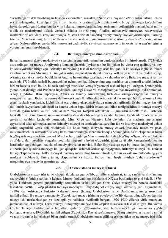 sh tanga hamda xalqaro olimpiya qo‘mitasining o‘sha vaqtdagi prezidenti xuan antonio samaranchning shaxsiy kolleksiyasidan muzeyga sovg‘a qilingan eksponatlar ham bor olimpiya shon-shuhrati muzeyi o‘zbekiston sportining yutuqlarini namoyish etish, yoshlarni sportga qiziqtirish va olimpiya g‘oyalarini targ‘ib qilishda muhim o‘rin tutadi. muzeyda muntazam ravishda turli mavzularda ekspozitsiyalar va ko‘rgazmalar tashkil etiladi. bu orqali mamlakatimiz sportining tarixiy yutuqlari va jahon miqyosidagi muvaffaqiyatlari keng jamoatchilikka tanishtiriladi. muzeyga tashrif buyuruvchilar o‘z ko‘zlari bilan o‘zbekiston sportining yutuqlarini ko‘rish imkoniyatiga ega bo‘ladilar. 1.5. dubay shahridagi kelajak muzeyi dubay shahrining markazida joylashgan, ilm-fan, texnologiya va innovatsiyalarni o‘zida mujassam etgan zamonaviy muzeydir. u 2022-yil 22-fevralda rasmiy ravishda ochilgan va dubay hukumatining tashabbusi bilan tashkil etilgan. muzeyning asosiy maqsadi — kelajakdagi texnologiyalar va insoniyatning rivojlanish istiqbollarini ko‘rsatishdir.muzeyning dizayni janubiy afrikalik arxitektor shaun killa tomonidan ishlab chiqilgan. bino torus shaklida bo‘lib, 77 metr balandlikka ega. binoning tashqi qismi 1,024 ta zanglamaydigan po‘latdan yasalgan panellardan iborat bo‘lib, har bir panel o‘ziga xos …
