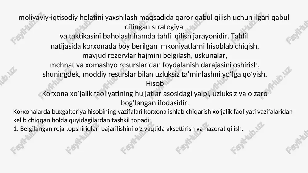 yosati subyekt rahbari tomonidan «hisob yuritish siyosati va moliyaviy hisobot» nomli 1-son bhms asosida taqdim etiladigan moliyaviy hisobotning yilma-yil qiyoslanishi uchun tuziladi. xo‘jalik yurituvchi subyektning hisob yuritish siyosati, foydalanuvchilar ehtiyoji uchun ahamiyatli, ishonchli, tushunarli va oddiy bo'lishi shart back to agenda page aynan shunday faoliyat yurituvchi boshqa subyektlarning moliyaviy hisobotlarini taqqoslash imkoniyatini berishi kerak. buxgalteriya hisobini yuritish va hisobot tuzishni tashkil qilishning aniq yo‘nalishi bo‘yicha subyekttning hisob yuritish siyosati shakllantirilishida o‘zbekiston respublikasining buxgalteriya hisobi to‘g‘risidagi qonun hujjatlarini qo‘llash lozim. korxonaning hisob yuritish siyosatini tanlash va asoslashga quyidagi omillar ta’sir etadi: · mulkchilik shakli va tashkiliy-huquqiy shakl; · faoliyat turi yoki tarmoq bo‘ysinuvi; · ishlab chiqarish ko‘lami hamda ishchi xodimlar soni; · soliq solish tizimi bilan munosabat (imtiyoz va sh.k.); · bozor munosabatlariga o‘tish sharoitida harakat qilish erkinligining darajasi; · moliya-xo‘jalik faoliyatining rivojlanish strategiyasi; · boshqaruv faoliyatining texnik jihatdan qurollanganligi; · korxonani ma’lumotlar bilan ta’minlashning samarali tizimi mavjudligi; • buxgalteriya xodimlarining …
