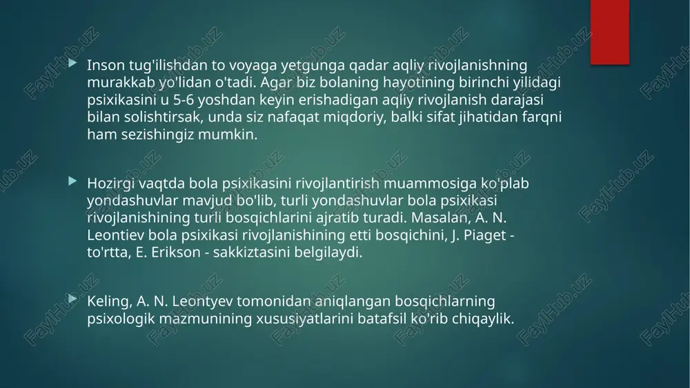 ktabgacha yoshdagi (uch yoshdan etti yoshgacha) maktabgacha yoshdagi (uch yoshdan etti yoshgacha) bu yoshning asosiy farqi bolaning ob'ektlar dunyosini chinakam egallash istagi va uning imkoniyatlarining cheklanishi o'rtasidagi ziddiyatning mavjudligi. bu yoshda bola qo'lidan kelganini emas, balki ko'rgan yoki eshitgan narsani qilishga intiladi. biroq, ko'p harakatlar hali unga mavjud emas. bu qarama-qarshilik hikoya o'yinida hal qilinadi. o'yinlarning manbalari bolaning taassurotlari, u ko'rgan yoki eshitadigan hamma narsadir. rol o'ynash jarayonida ijodiy tasavvurni shakllantirish va o'z xatti-harakatlarini ixtiyoriy ravishda nazorat qilish qobiliyati yuzaga keladi. rolli o'yinlar ham idrok, yodlash, ko'paytirish va nutqni rivojlantirishga yordam beradi. ushbu bosqichning yana bir muhim xususiyati - bolaning shaxsiyatini shakllantirish jarayoni. bu jarayonda bolaning xarakter xususiyatlari o'rnatiladi. kichik maktab yoshi (7 yoshdan 12 yoshgacha). kichik maktab yoshi (7 yoshdan 12 yoshgacha).maktabga qabul qilish bola psixikasi rivojlanishining yangi bosqichini tavsiflaydi. endi uning tashqi dunyo bilan munosabatlar tizimi nafaqat kattalar bilan munosabatlar, balki tengdoshlar bilan munosabatlar bilan ham belgilanadi. bundan …