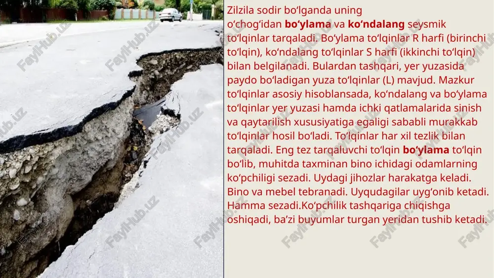 otgan joylarda joylashgan bo‘lsa, xavfli jarayonlar, ya’ni sel kelishi, ko‘chki xavfi bo‘lgan tog‘ hududida, suv bosishi mumkin bo‘lgan hududlarda ekanligini aniqlab, oila a’zolari va qo‘shnilar bilan birgalikda xavfsiz joyga chiqish yo‘llarini belgilab qo‘ying. chunki yer silkinishi natijasida yer ko‘chkisi, o‘pirilishi, siljishi, tosh ko‘chkisi, yerning yorilishi, tuproq qatlamlarning cho‘kishi, tuproqning siqilib balchiqqa aylanish hollari yuz berishi mumkin. xonaning ichida 1. agar siz yer yoki binoning silkinishini sezsangiz, darxol xavfdan qutilishga harakat qiling, eng katta xavfni yuqoridan tushadigan jismlar yaratishi mumkinligiga ahamiyat bering. 2. agar siz ko‘p qavatli uyning birinchi qavatida xom g‘ishtli, pishgan g‘ishtli yoki paxsa devorli shaxsiy uylarda yashasangiz, yer qimirlash boshlanishi bilan 15-20 soniya ichida darhol uyning ichidan tashqariga chikib keting va elektr simlari, gaz quvurlari va baland imoratlar tagidan uzoqroqqa ochiq joyga o‘ting. 3. agar xonaning ichida qolsangiz oldindan belgilab olingan xavfsiz joyga turib oling. mabodo yuqoridan suvoq parchalari, yoritgich asboblari, oyna siniqlari tushadigan bo‘lsa, stol yoki krovatlar …