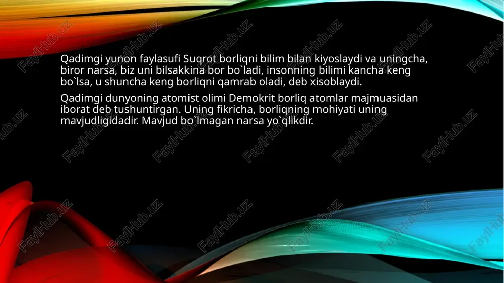 larni umumiy tarzda ifodalash uchun qullaydigan tushuncha materiya deb ataladi. demak, materiya moddiy ob’ektlarga xos eng umumiy tushuncha, falsafiy kategoriyadir. albatta bu ta’riflarni bir yoklama mutloqlashtirib tushunmaslik lozim. bu ta’riflarda ko`proqsezgi a’zolarimizga bevosita ta’sir etishi mumkin bo`lgan reallik nazarda tutilgan. xx asrning o`rtalariga kelib, kvant mexanikasi, nisbiylik nazariyasi va hozirgi zamon kosmologiyasi soxalaridagi ilmiy yutuqlar kishilarning ob’ektiv olam haqidagi tasavvurlarini tubdan o`zgartirib yubordi. natijada, tabiatshunos olimlar sezgilarimizga bevosita ta’sir etishining imkoni bo`lmaydigan realliklar haqida ham tadqiqotlar olib bora boshladi. olamning klassik mexanika nuqtai nazaridan kelib chiqib, nisbatan kichik tezlikda haraqatlanuvchi sistemalar haqidagi ilmiy manzarasi o`rnini yangicha ilmiy manzaralar egallay boshladi. bu esa materiya haqidagi tasavvurlarning yanada rivojlanishiga sharoit tukdirdi. bu o`zgarishlarni xisobga olib, marksist-faylasuflar bu ta’rifga sezgilarimizga bevosita yoki bilvosita (ya’ni turli asboblar; kurilmalar vositasida) ta’sir etuvchi, degan qo`shimcha kiritishdi. shunday qilib, bu ta’rif guyo materiyaning moddaviy va nomoddaviy shakllarini, ya’ni modda va antimodda ko`rinishlarini qamrab oluvchi ta’rifga aylandi. materialistlar …