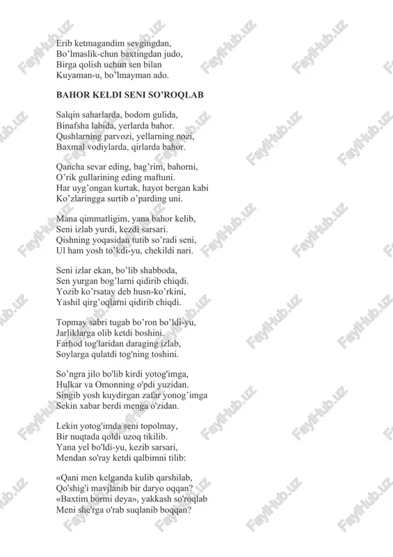 ab bir nishon, qabring tomon olar edim yo'l. keltirarding menga bir zamon, endi har chog' men eltaman gul. keldim. uzoq qoldim men sokin, sening aziz boshingda yolg'iz, osmon tiniq edi va lokin, parcha bulut yetib keldi tez. ko'kda mening boshimda turib, go'yo yuragimda qalqdi u. kozimdagi yoshimni korib u ham to'kdi yoshini duv-duv. biz yig'ladik tepangda shu kun, keldingmi deb ko'tarmading bosh. ayt-chi, senla baxtiyor onlar ko'rganmiding ko'zlarimda yosh? nevara ulug‘bekka nevaram quyunday otilib kirib, qalamim tagidan qog‘ozni yular . damda varrak yasab ko‘kka uchirib, izidan qop-qora ko‘zlari yurar, varrak tortar shekil, murg‘akni kuch-la oyoq tirab siltar dakani kibor ayrilib qog‘ozdan, she’rdan va hushdan boqaman varrakboz jonga baxtiyor, naq bobosi siyoq zehnday tiyrak, ko‘kish alangada yonar sochu qosh. borlig‘i ezgu bir o‘t bo‘lsa kerak, tomirlarda qonmas, kezadi quyosh. daka varrak tiniq zangori fazo tubiga intilar, sho‘ng‘ir naq xayol. talpingan ko‘ksingda, bolakay ne bor, sen iqbolga, senga ne tutar iqbol? nevara …