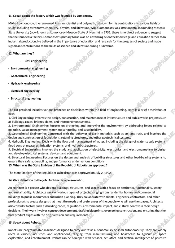th patient care, administer medications, monitor vital signs, educate patients and their families about health conditions and treatments, and provide emotional support to patients during their recovery. they play a vital role in ensuring the well-being of patients in various healthcare settings. 7. what was the creation of lomonosov? mikhail lomonosov (1711–1765) was a prominent russian scientist, writer, poet, and polymath who made significant contributions to various fields. one of his notable creations was the establishment of moscow state university in 1755, which is now known as lomonosov moscow state university (msu). the university is considered one of the oldest and most prestigious educational institutions in russia and bears his name in honor of his contributions to science and education. 8. tell the name of the person who is famous for the name “avicenna”. the person famous for the name "avicenna" is abu ali al-husayn ibn abd allah ibn sina, …