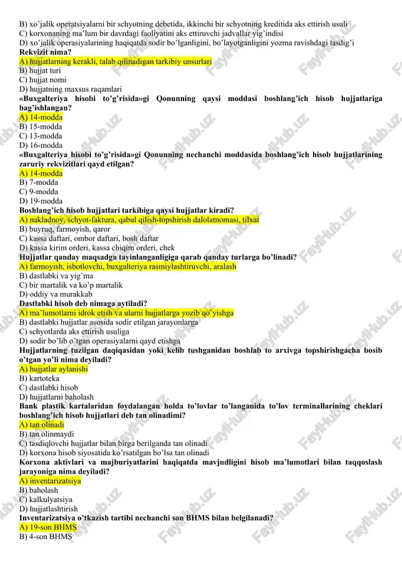 c) mahsulot (ish, xizmat) sotiladi va pulga aylantirilib, kelgusi jarayonni boshlash uchun sharoit yaratiladi d) mol yetkazib beruvchilar bilan shartnomalar tuziladi ishchi kuchi yordamida aktivlardan foydalanib, mahsulot ishlab chiqarish yoki ish va xizmatlar bajarish qaysi xo’jalik jarayonida amalga oshiriladi? a) ishlab chiqarish jarayonida b) ta’minot jarayonida c) sotish jarayonida d) barcha xo’jalik jarayonlarida sotish jarayonida qanday ishlar amalga oshiriladi? a) mahsulot (ish, xizmat) sotiladi va pulga aylantirilib, kelgusi jarayonni boshlash uchun sharoit yaratiladi b) ishchi kuchi yordamida aktivlardan foydalanib, mahsulot ishlab chiqariladi yoki ish va xizmatlar bajariladi c) mol yetkazib beruvchilar bilan shartnomalar tuziladi d) ishlab chiqarish faoliyatini amalga oshirishda zarur bo’lgan aktivlar, shu jumladan, asosiy va aylanma aktivlar sotib olinadi ishlab chiqarish jarayonida qaysi schyotlar ko’p ishlatiladi? a) 2010, 2810 b) 6010, 6710 c) 0110, 5010 d) 2510, 2310 xo’jalik jarayonining oxirgi jarayoni qaysi javobda to’g’ri ko’rsatilgan? a) sotish b) ishlab chiqarish c) ta’minot d) nazorat sotish jarayonida qaysi …