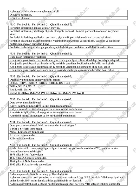 adi portlatish ishlarining usullariga: gorizonal, qiya va tik portlatish moddalari zaryadlari kiradi portlatish ishlarining usullariga: parallel-yaqinlashtirilgan, pastga yo`naltirilgan, yuqoriga yo`naltirilgan portlatish moddalari zaryadlari kiradi portlatish ishlarining usullariga: parallel-yaqinlashtirilgan, portlatish moddalari zaryadlari kiradi №31 fan bobi-1; fan bo’limi-5; qiyinlik darajasi-2; burg`ulash ishlarining vazifalari kon jinsida yoki foydali qazilmada sun`iy ravishda yaratilgan tsilindr shaklidagi bo`shliq hosil qilish kon jinsida yoki foydali qazilmada sun`iy ravishda yaratilgan bochkasimon bo`shliq hosil qilish kon jinsida yoki foydali qazilmada sun`iy ravishda yaratilgan noksimon bo`shliq hosil qilish kon jinsida yoki foydali qazilmada sun`iy ravishda yaratilgan qozonsimon bo`shliq hosil qilish №32 fan bobi-1; fan bo’limi-5; qiyinlik darajasi-2; detonatsiya pilikining qanday turlarini bilasiz dsha, dshv, dshe-2,dshe-6,dshe-12,dshe-20 osha,oshda,oshp rtutli,tetrilli № 8m edkz-15,edkz-25,edkz-pm-15,edkz-pm-25,edb-pm-kz-15 №33 fan bobi-1; fan bo’limi-5; qiyinlik darajasi-2; qora porox nimadan iborat? kaliyli selitra,oltingugurt va ko`mir kukuni aralashmasi. kaliyli- ammiak selitra, oltingugurt va ko`mir kukuni aralashmasi. ammiak- kaliyli selitra, oltingugurt va ko`mir kukuni aralashmasi ammiakli selitra, oltingugurt va ko`mir kukuni …